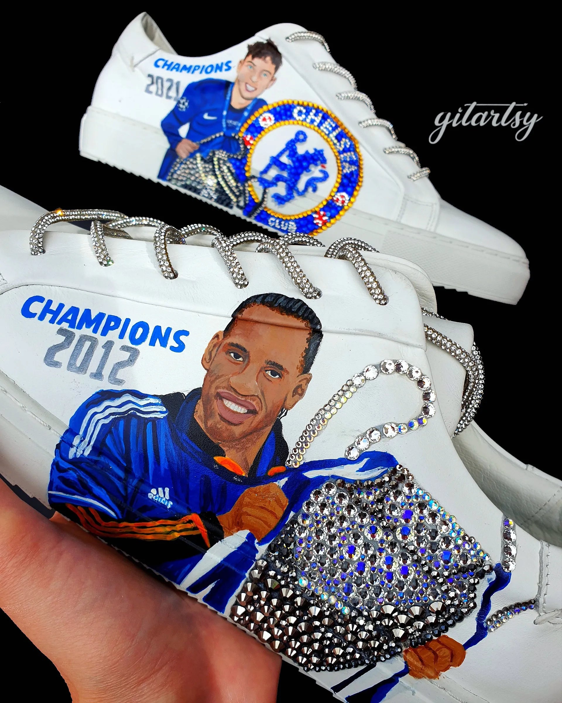 Realistic portraits of footballers Didier Drogba and Kai Havertz Chelsea football club CFC custom hand painted with rhinestone crystals on white Firetrap shoes