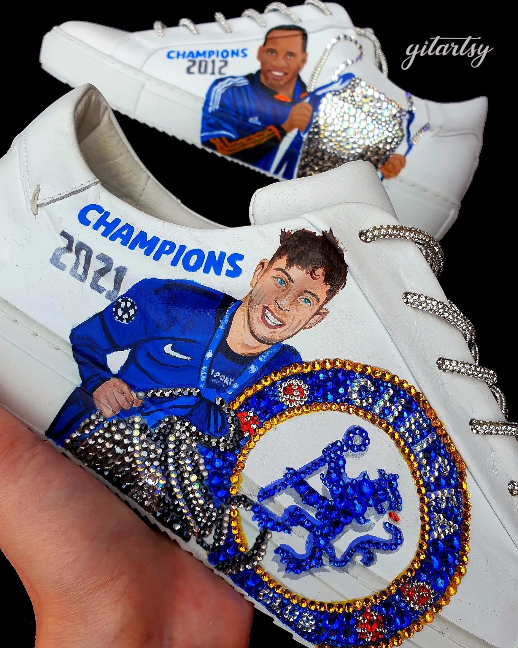 Realistic portraits of footballers Didier Drogba and Kai Havertz Chelsea football club CFC custom hand painted with rhinestone crystals on white Firetrap shoes