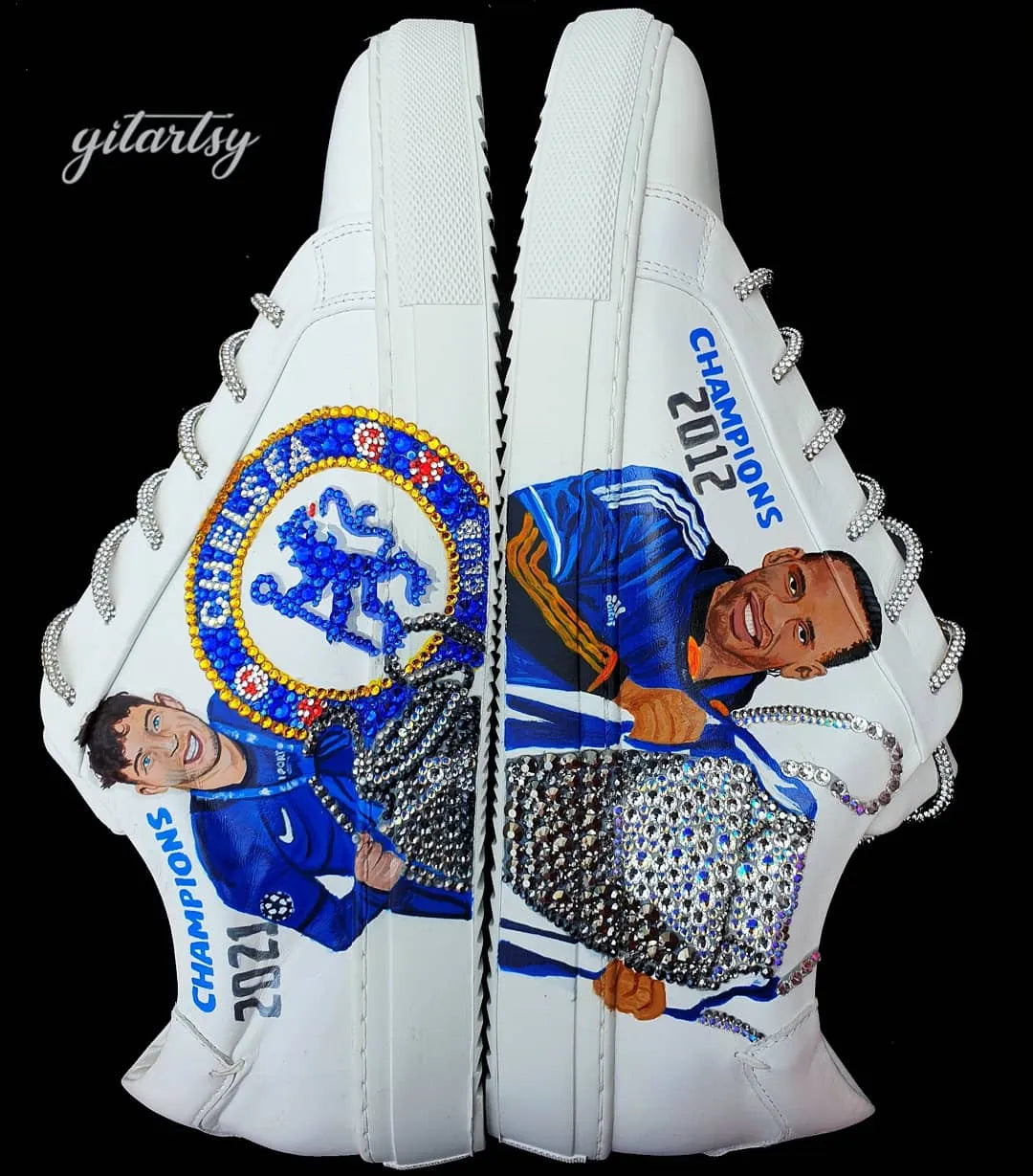 Realistic portraits of footballers Didier Drogba and Kai Havertz Chelsea football club CFC custom hand painted with rhinestone crystals on white Firetrap shoes