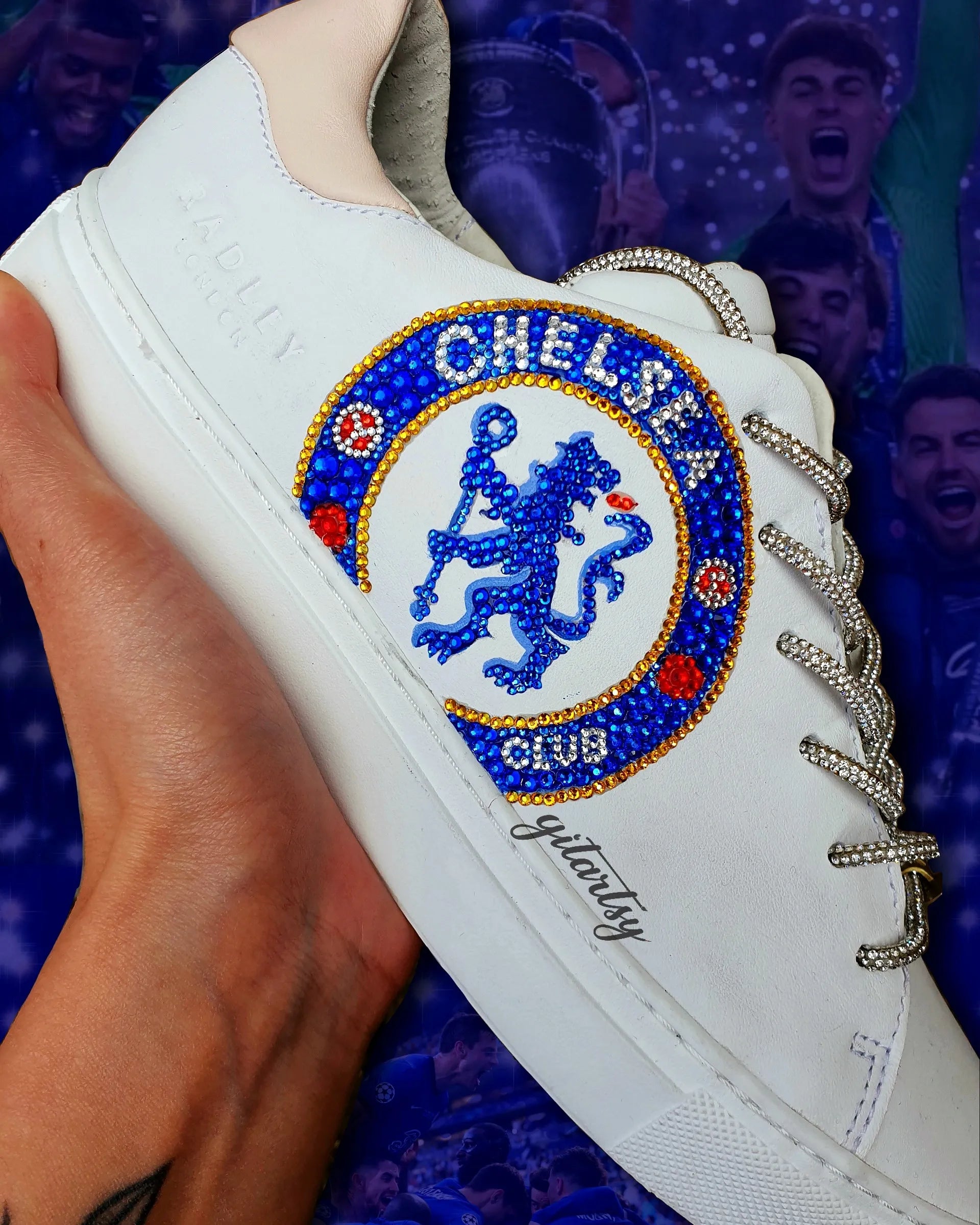 Realistic portraits of footballers Didier Drogba and Kai Havertz Chelsea football club CFC custom hand painted with rhinestone crystals on white Firetrap shoes