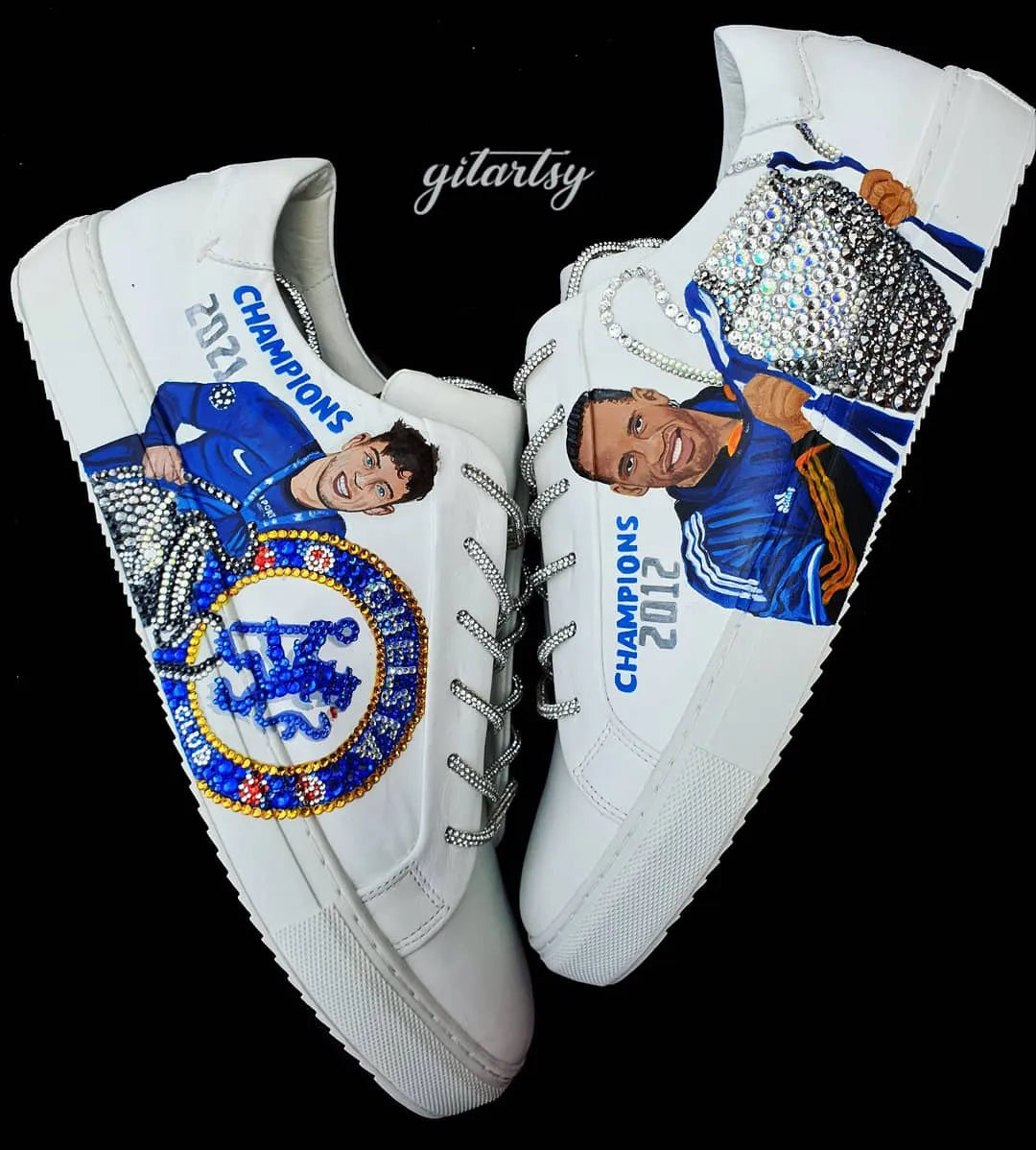 Realistic portraits of footballers Didier Drogba and Kai Havertz Chelsea football club CFC custom hand painted with rhinestone crystals on white Firetrap shoes