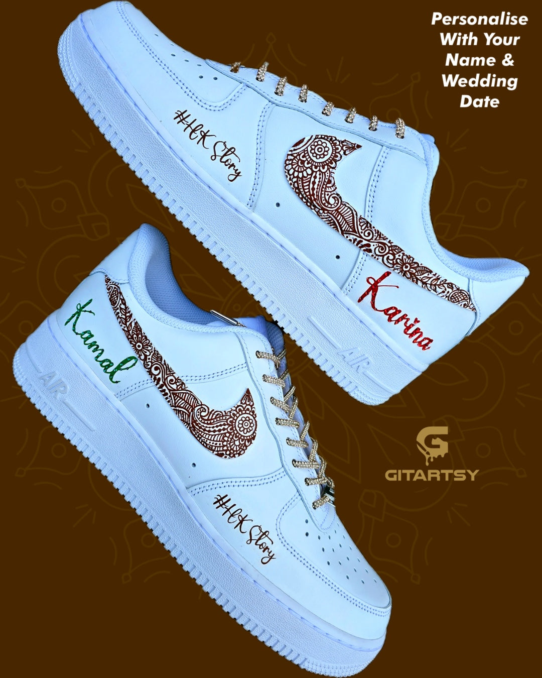 Custom Hand-Painted Henna Mehendi Bridal Nike AF1 Sneakers – Indian Wedding trainers with custom name and crystals