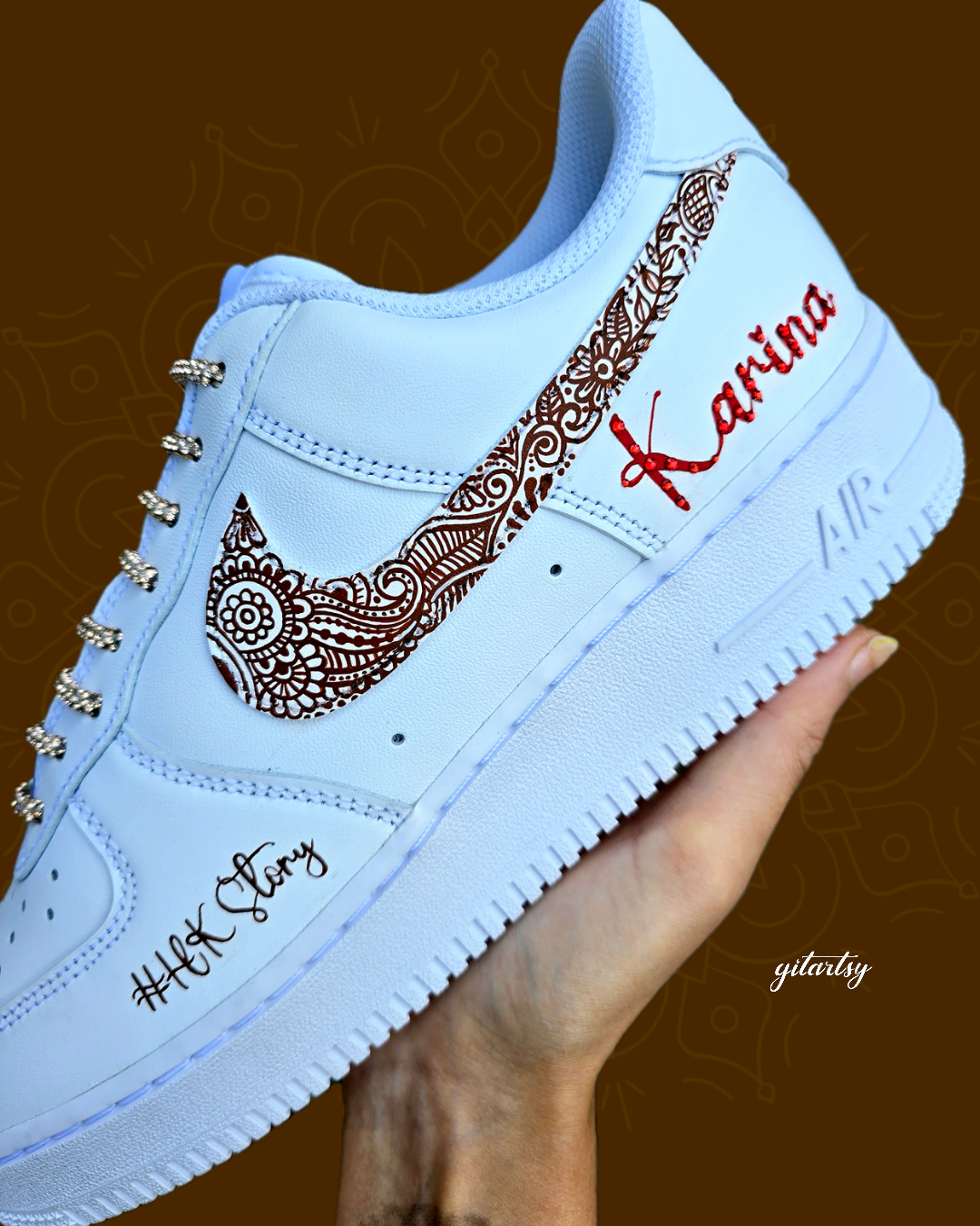 Custom Hand-Painted Henna Mehendi Bridal Nike AF1 Sneakers – Indian Wedding trainers with custom name and crystals