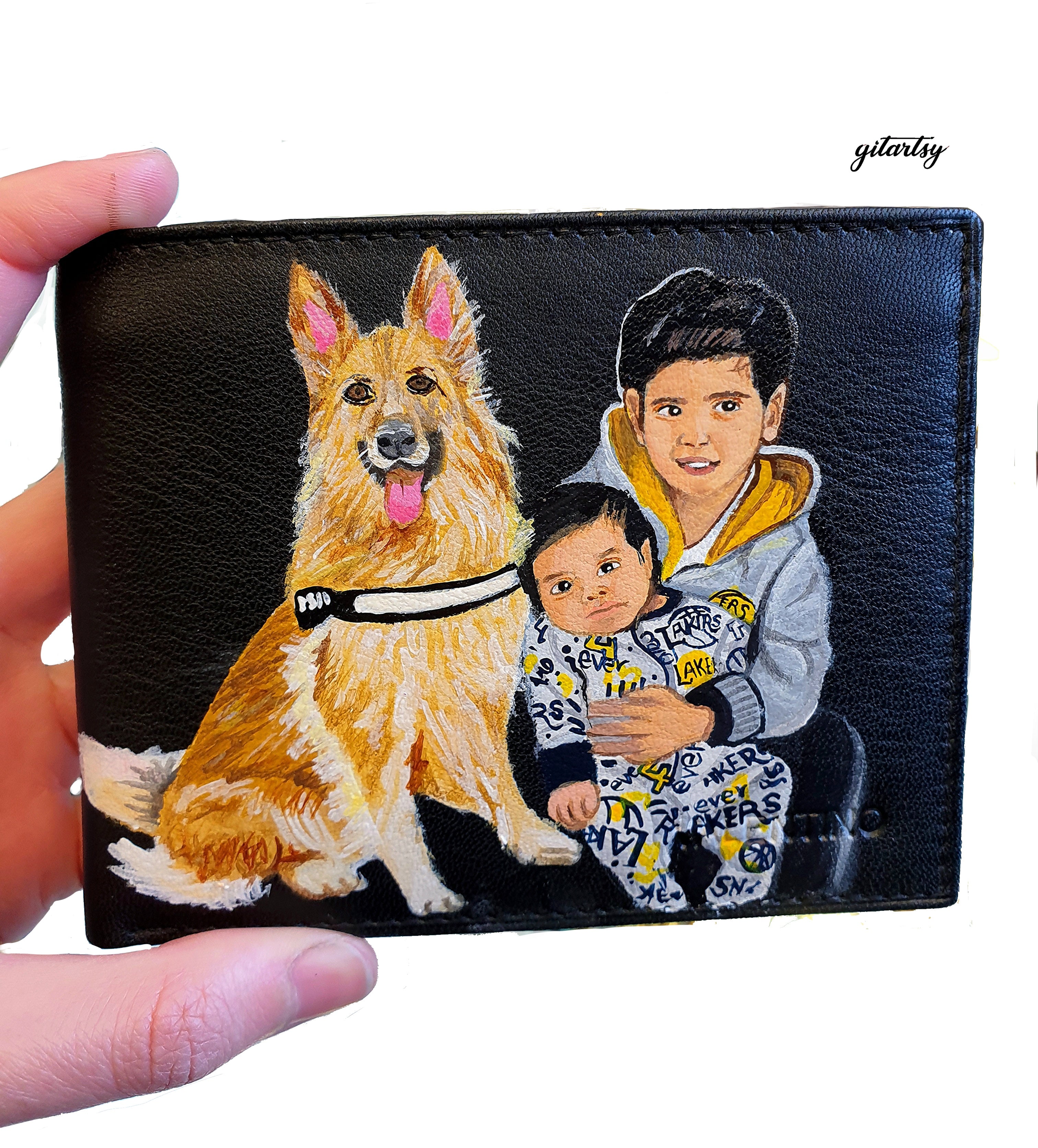 A hand-painted leather wallet featuring a custom portrait of a person, pet, or loved one. The painting is detailed, colourful, and made using premium-quality waterproof leather paints. Ideal for gifting or personal keepsakes, this wallet showcases artistic craftsmanship and premium leatherwork.

