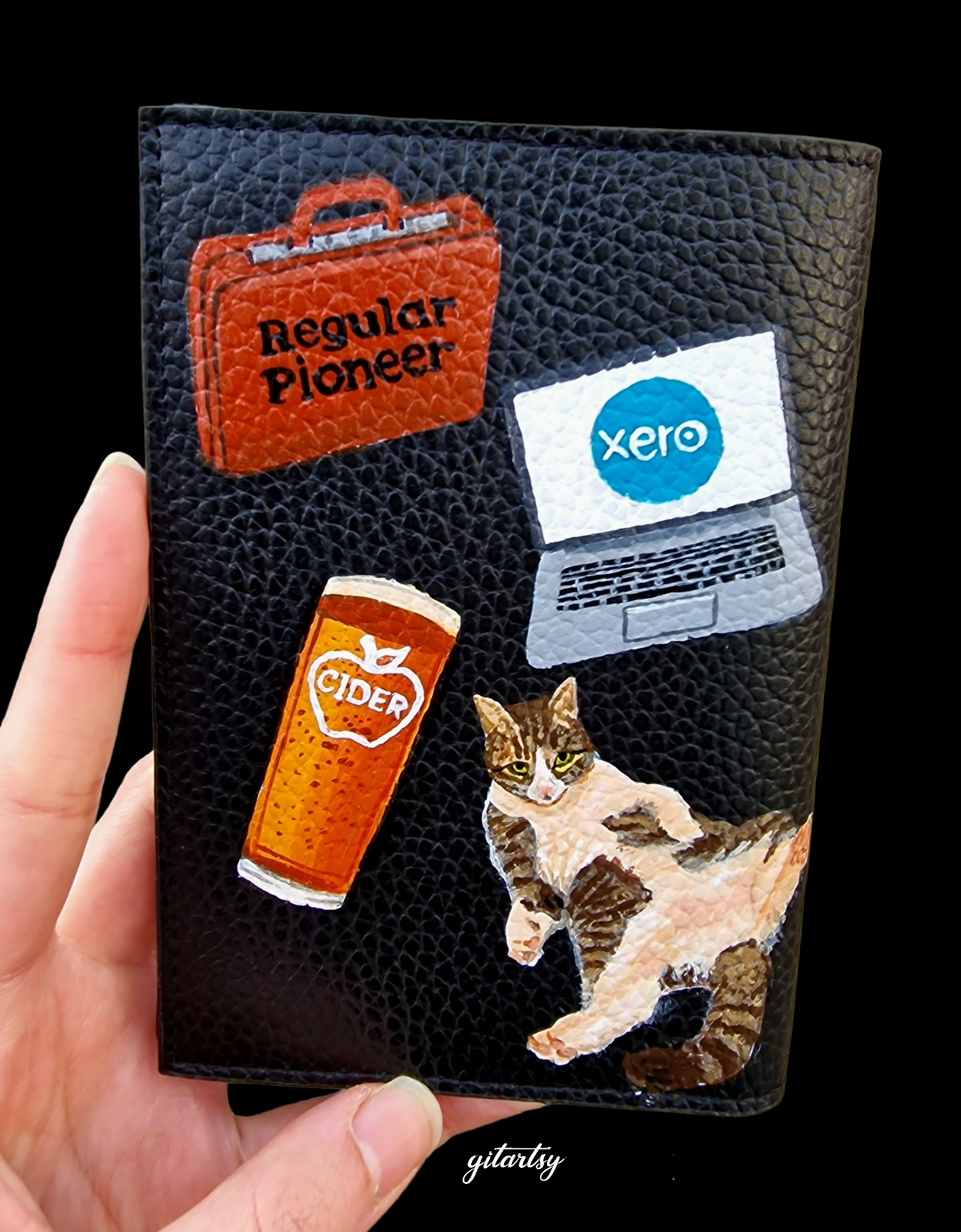 A hand-painted leather wallet featuring a custom portrait of a person, pet, or loved one. The painting is detailed, colourful, and made using premium-quality waterproof leather paints. Ideal for gifting or personal keepsakes, this wallet showcases artistic craftsmanship and premium leatherwork.

