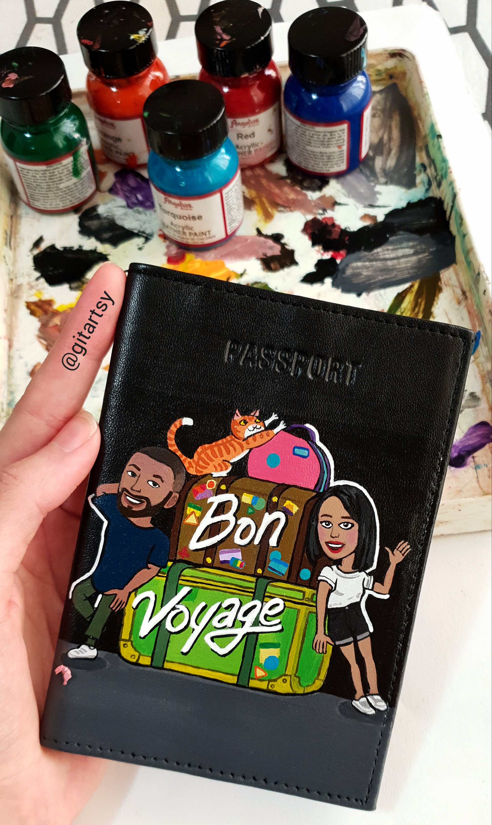 A hand-painted leather wallet featuring a custom portrait of a person, pet, or loved one. The painting is detailed, colourful, and made using premium-quality waterproof leather paints. Ideal for gifting or personal keepsakes, this wallet showcases artistic craftsmanship and premium leatherwork.

