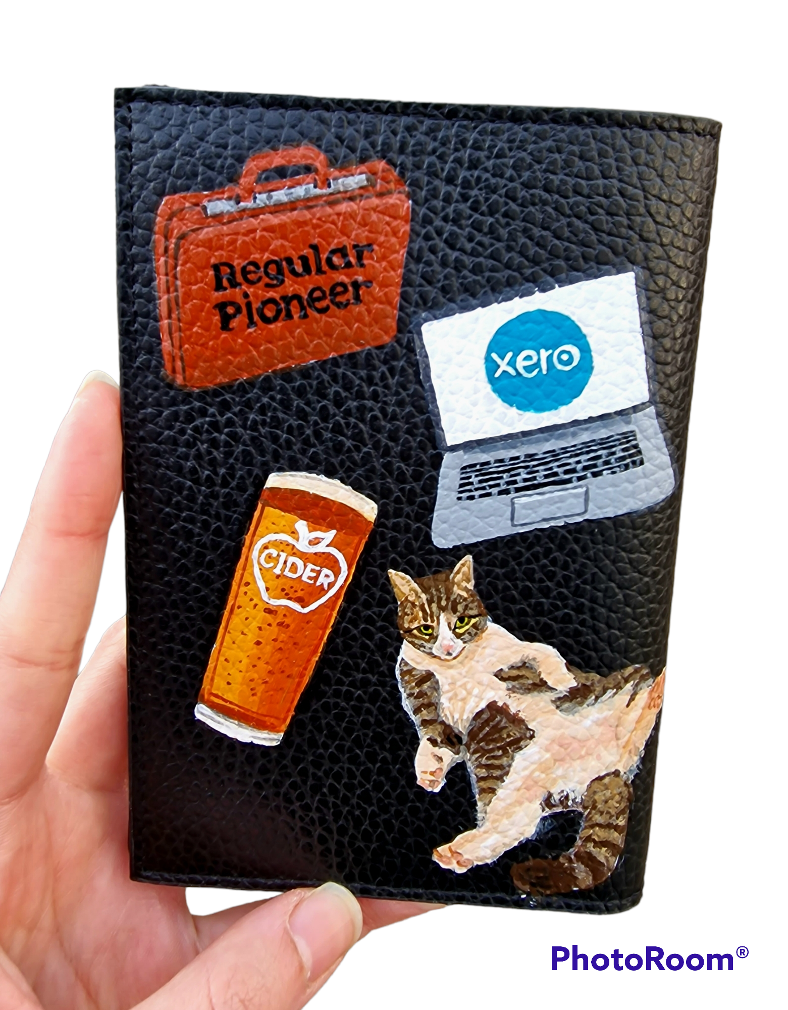 A hand-painted leather wallet featuring a custom portrait of a person, pet, or loved one. The painting is detailed, colourful, and made using premium-quality waterproof leather paints. Ideal for gifting or personal keepsakes, this wallet showcases artistic craftsmanship and premium leatherwork.

