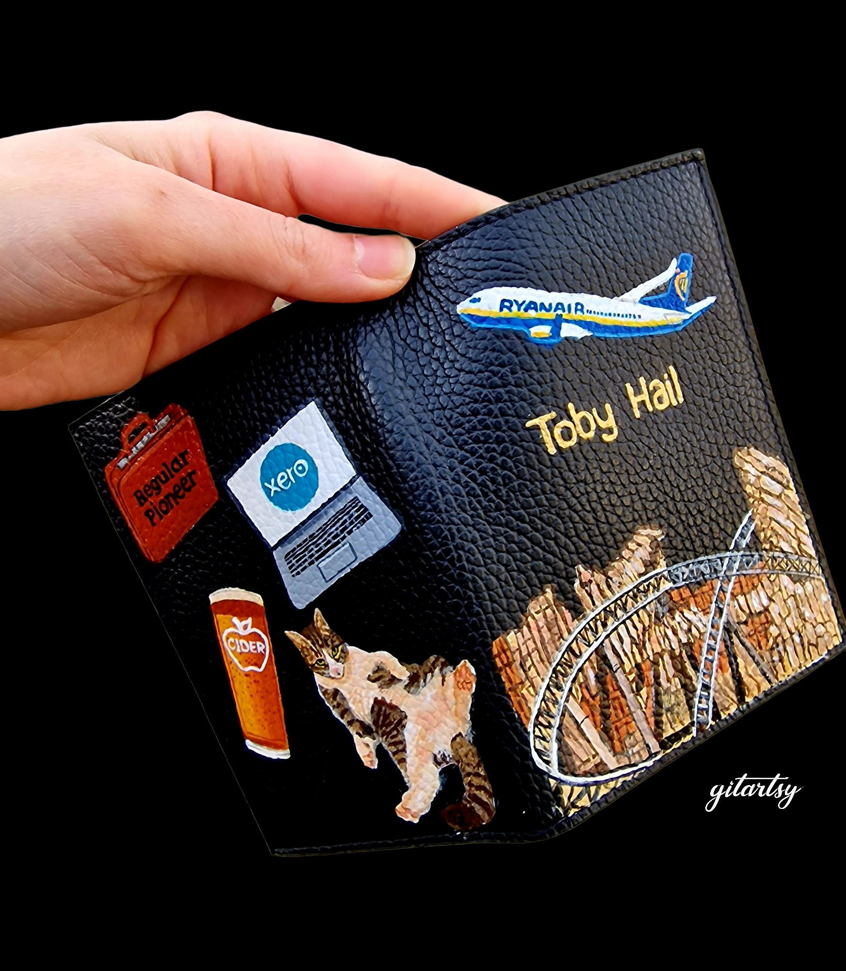 A hand-painted leather wallet featuring a custom portrait of a person, pet, or loved one. The painting is detailed, colourful, and made using premium-quality waterproof leather paints. Ideal for gifting or personal keepsakes, this wallet showcases artistic craftsmanship and premium leatherwork.

