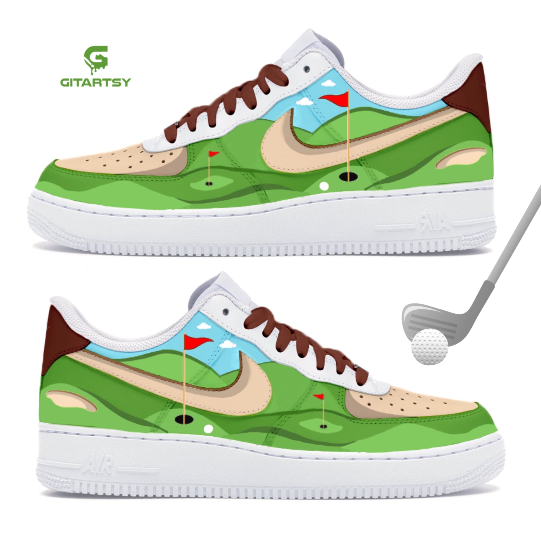 Custom Hand-Painted Nike AF1 Golf-Themed Sneakers – Unique Shoes for Golf Lovers with golf course design painted. Green hills, grass and golf objects