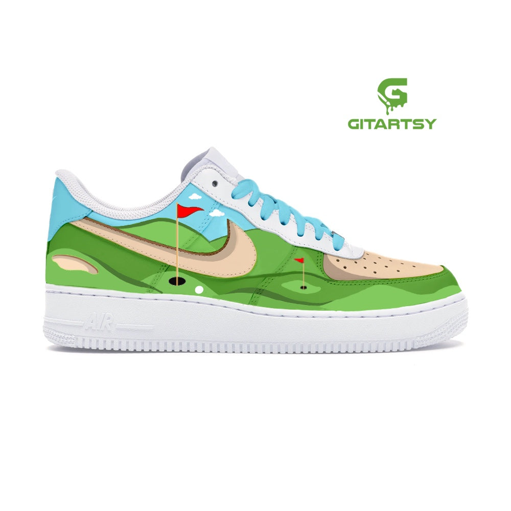 Custom Hand-Painted Nike AF1 Golf-Themed Sneakers – Unique Shoes for Golf Lovers with golf course design painted. Green hills, grass and golf objects