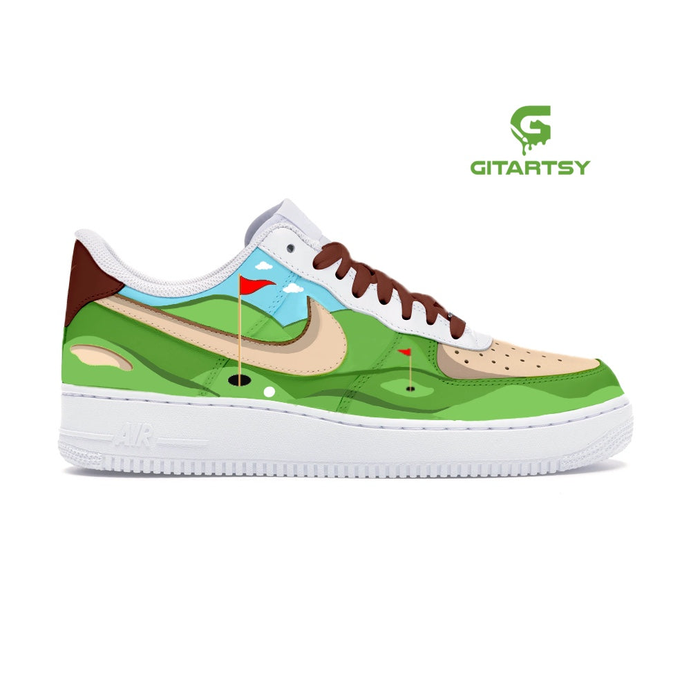 Custom Hand-Painted Nike AF1 Golf-Themed Sneakers – Unique Shoes for Golf Lovers with golf course design painted. Green hills, grass and golf objects