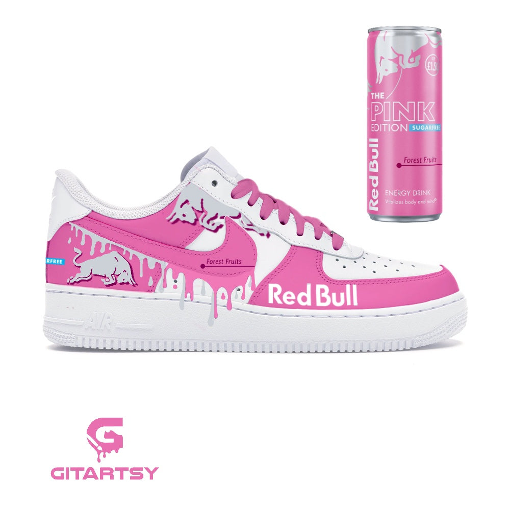  custom hand-painted Nike Air Force 1 sneakers, inspired by the Red Bull Pink Edition – Forest Fruits flavor. Designed with a bold pink colorway, silver bulls, and a unique dripping paint effect on the Nike Swoosh, these sneakers bring energy and creativity to your footwear collection. Perfect for Red Bull fans, sneaker enthusiasts, and those who love vibrant, one-of-a-kind designs. 