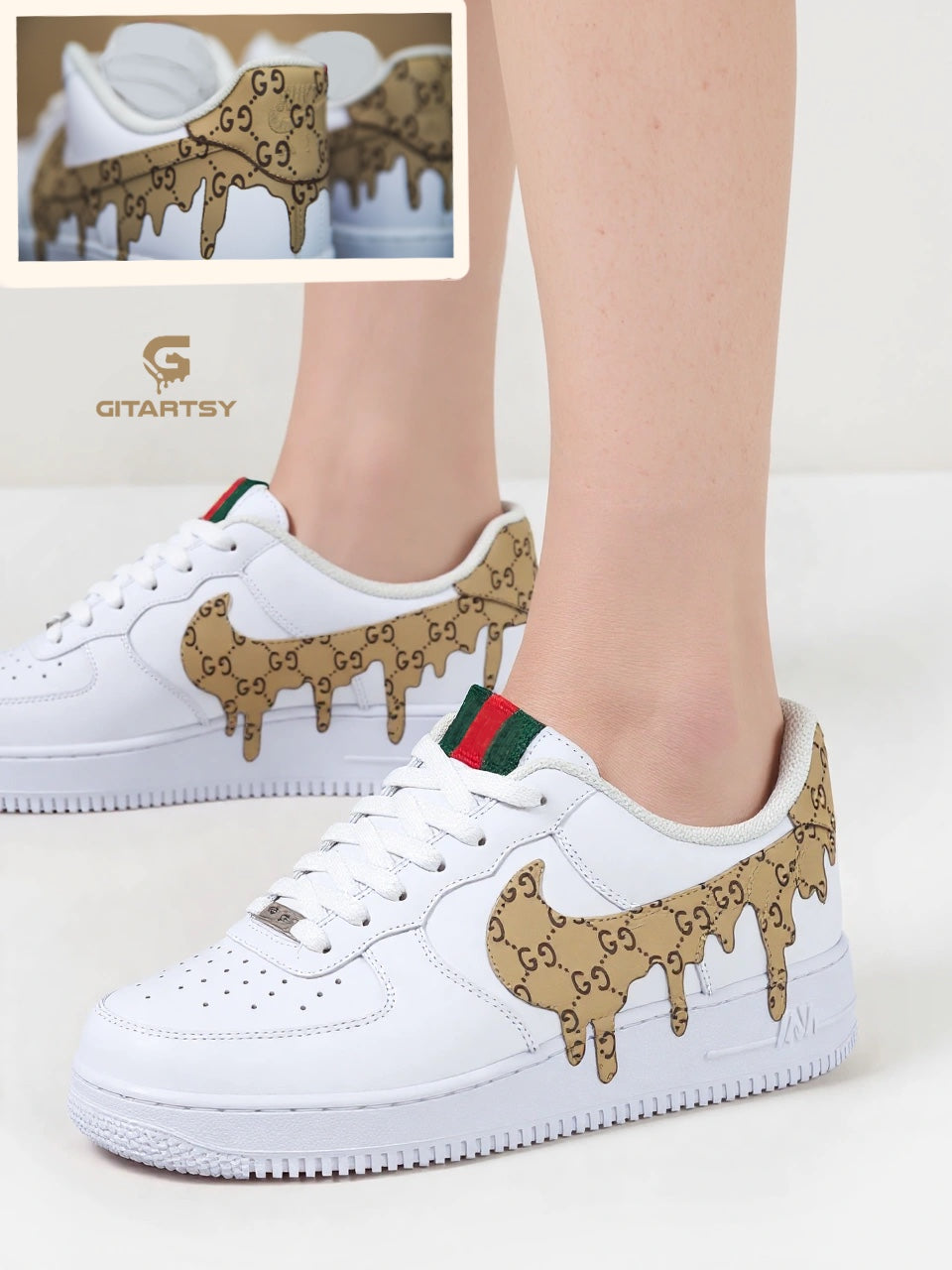 Custom Hand-Painted Nike AF1 Sneakers –  Branded Gucci Coffee-Brown Drip Design - white and brown sneakers