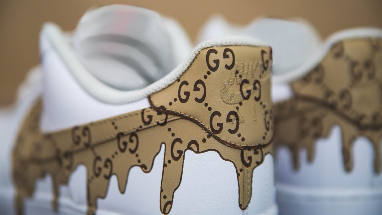 Custom Hand-Painted Nike AF1 Sneakers –  Branded Gucci Coffee-Brown Drip Design - white and brown sneakers