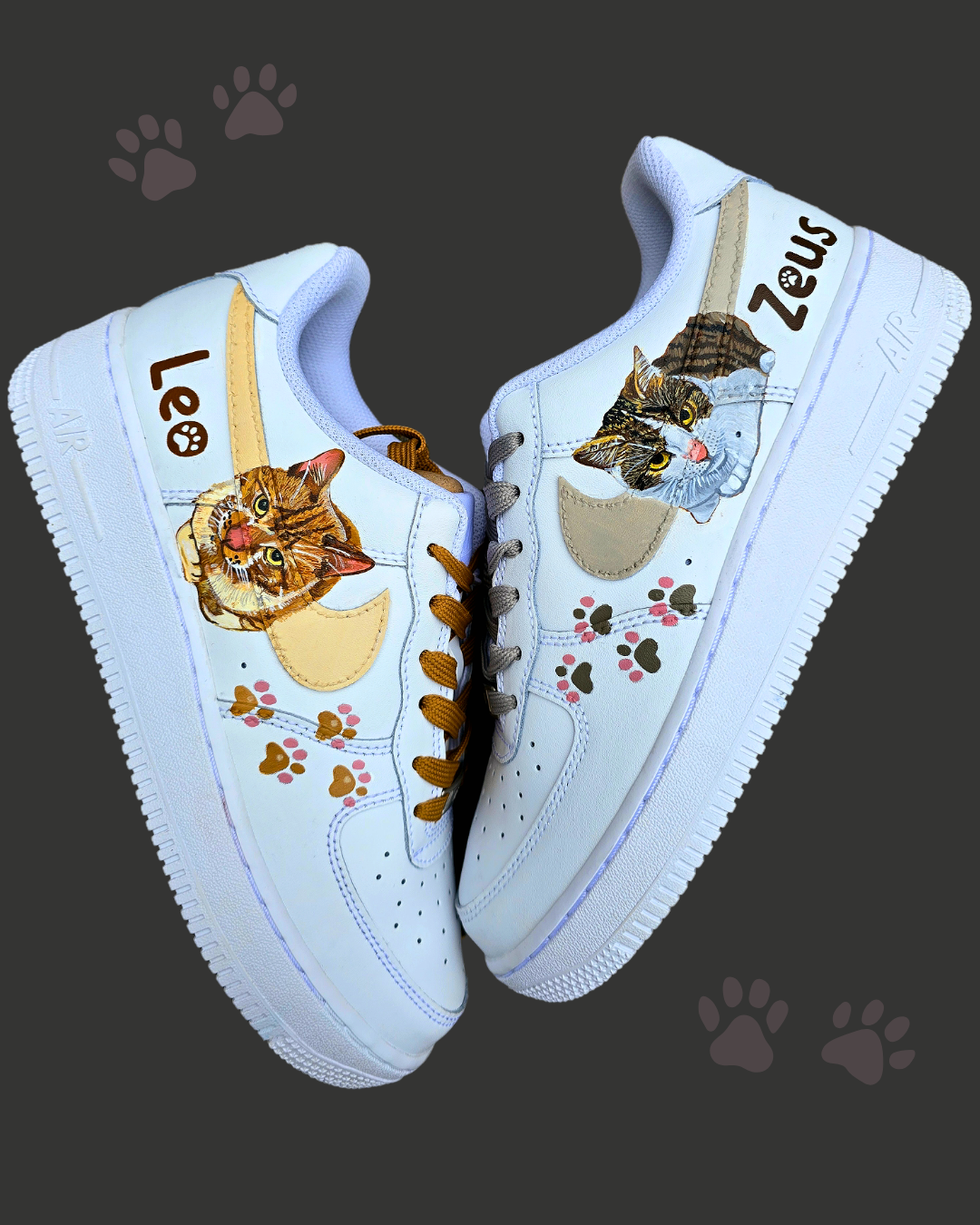 Hand painted Nike AF1 sneakers white with realistic pet portraits of cats and kittens painted. These can be customised with any pet art. Custom pet name also added with paws 