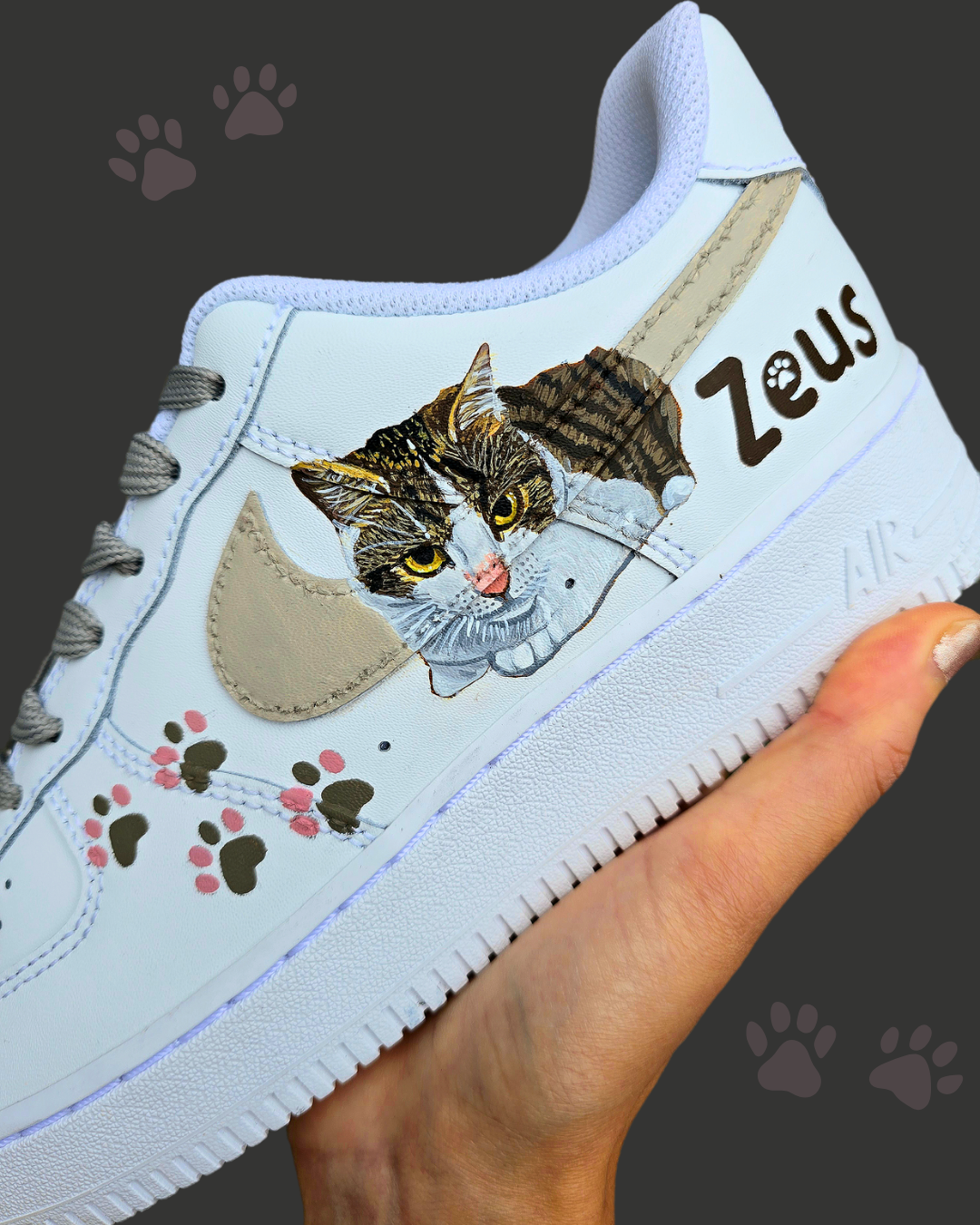 Hand painted Nike AF1 sneakers white with realistic pet portraits of cats and kittens painted. These can be customised with any pet art. Custom pet name also added with paws 