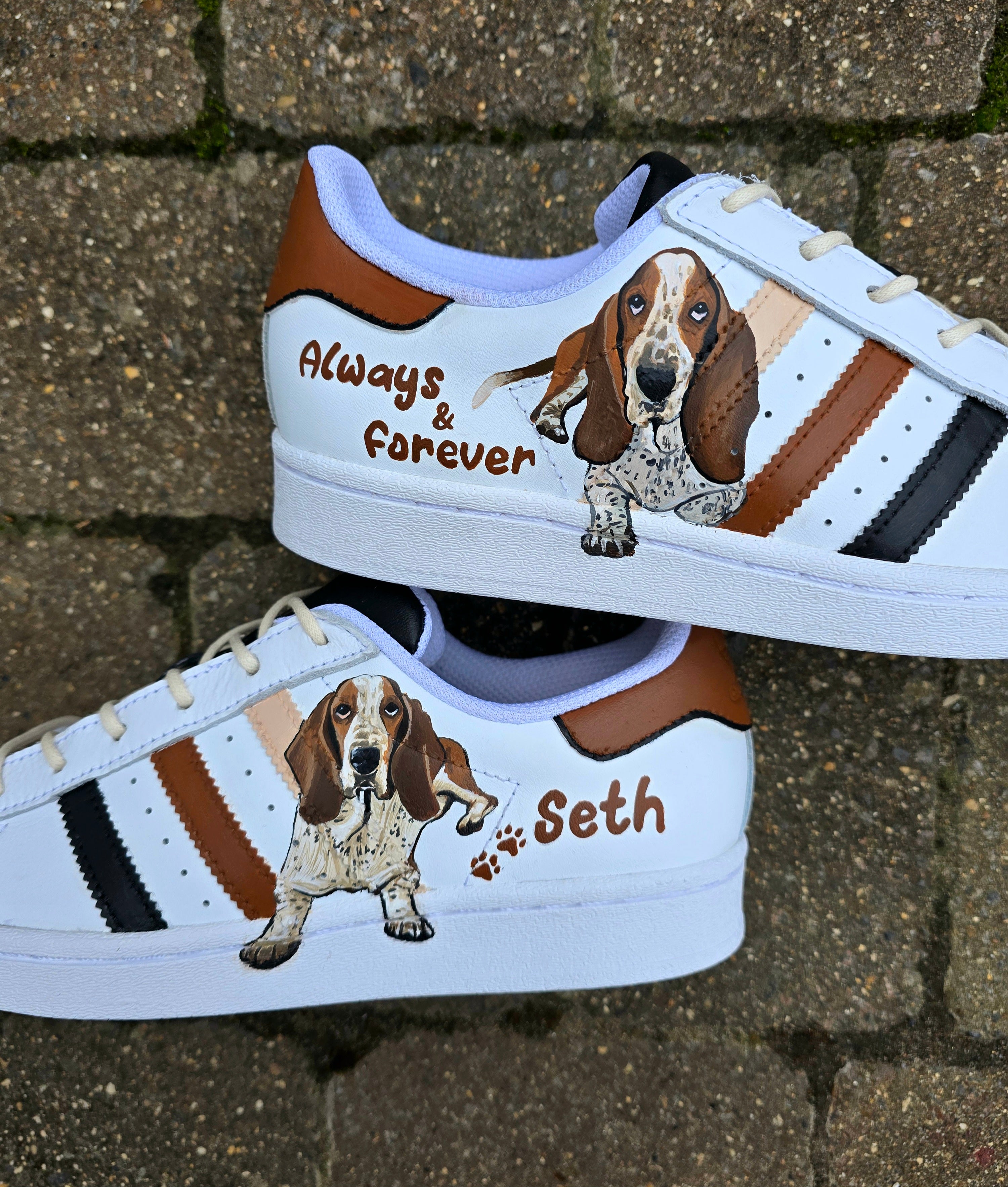 Hand painted Adidas sneakers white with realistic pet portraits of dogs painted with brown and black stripes. These can be customised with any pet art. 