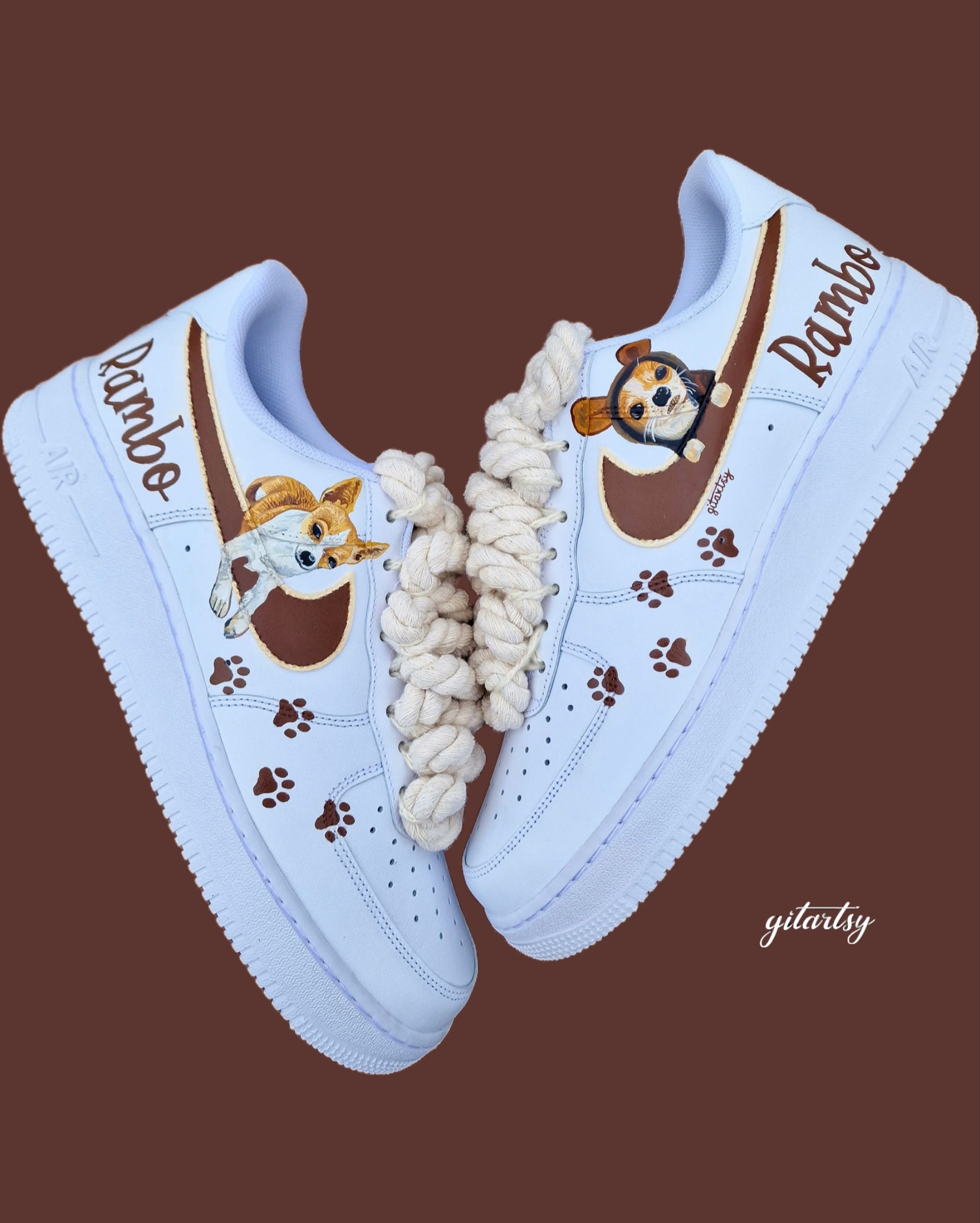 Hand painted Nike AF1 sneakers white with realistic pet portraits of dogs painted with brown and black stripes. These can be customised with any pet art. Custom pet name also added 