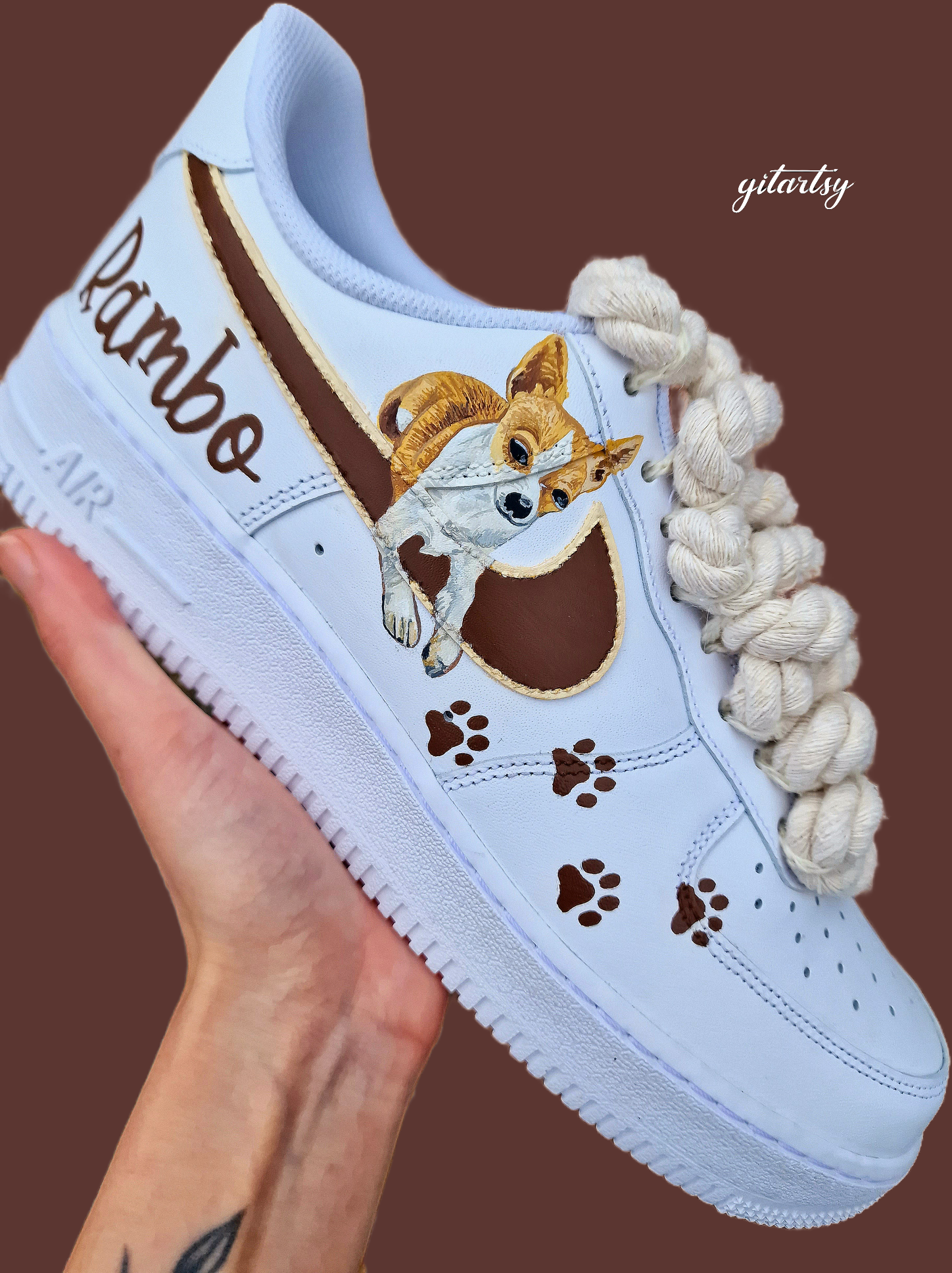 Hand painted Nike AF1 sneakers white with realistic pet portraits of dogs painted with brown and black stripes. These can be customised with any pet art. Custom pet name also added 