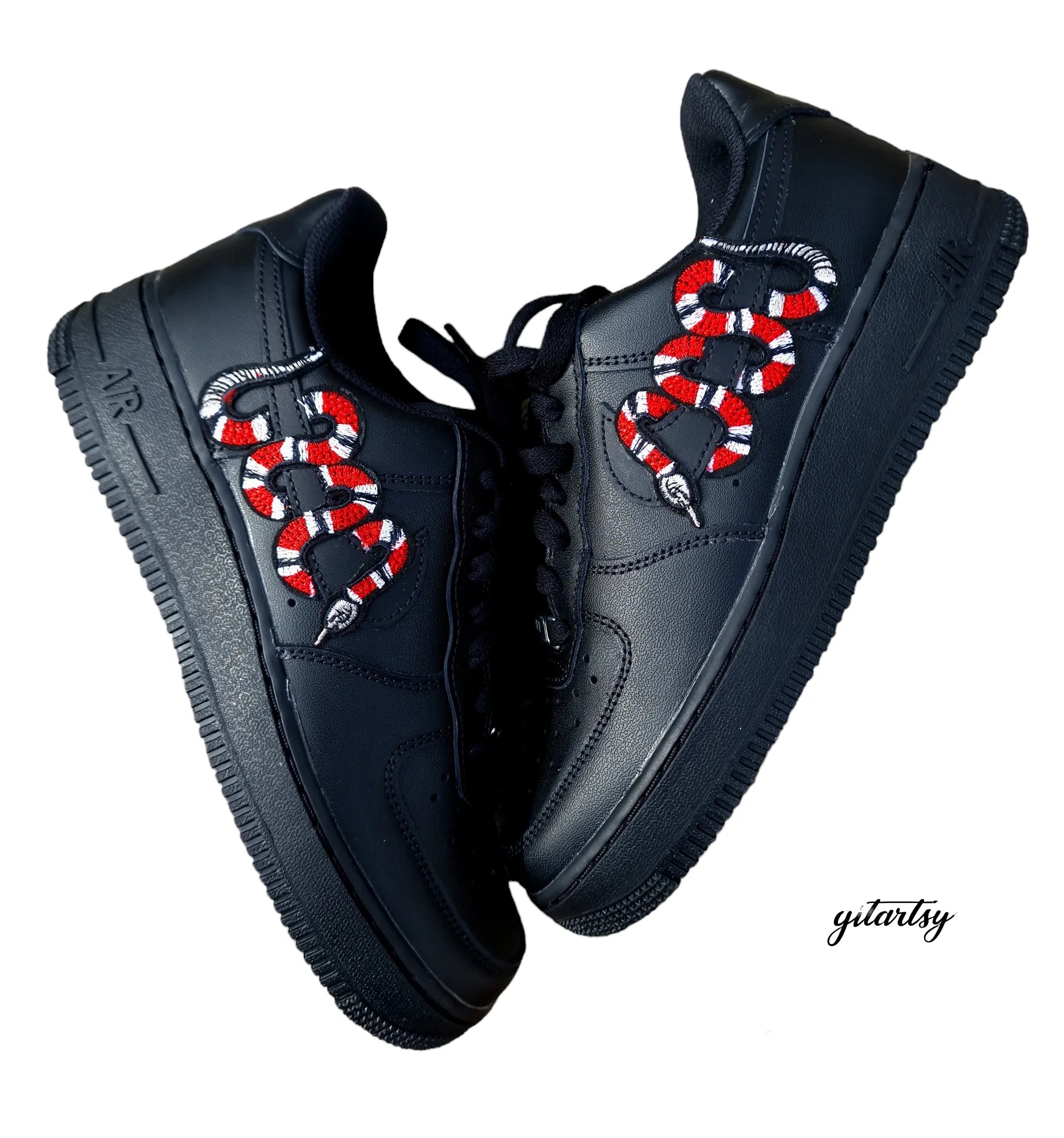 Custom Handmade black Air Force 1 with Gucci Snake design on the swooshes - zoomed in