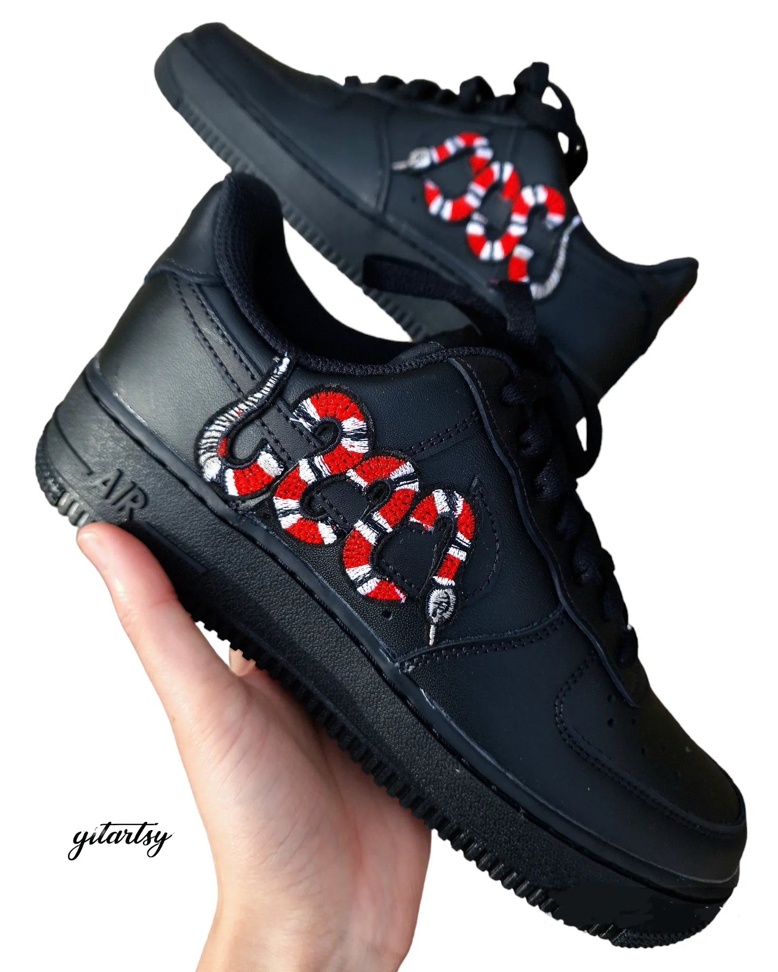 Custom Handmade black Air Force 1 with Gucci Snake design on the swooshes - zoomed in