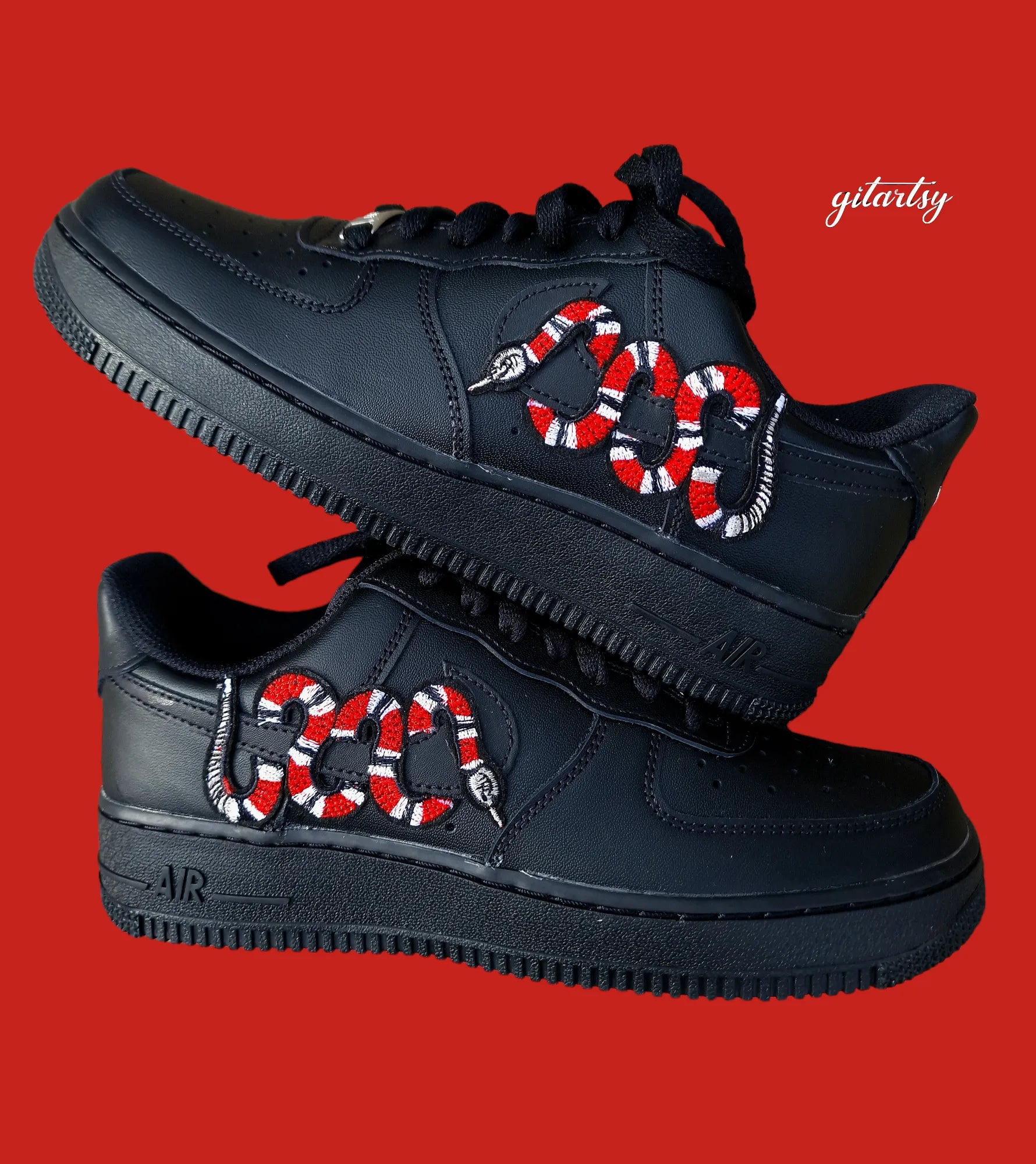 Custom Handmade black Air Force 1 with Gucci Snake design on the swooshes - zoomed in