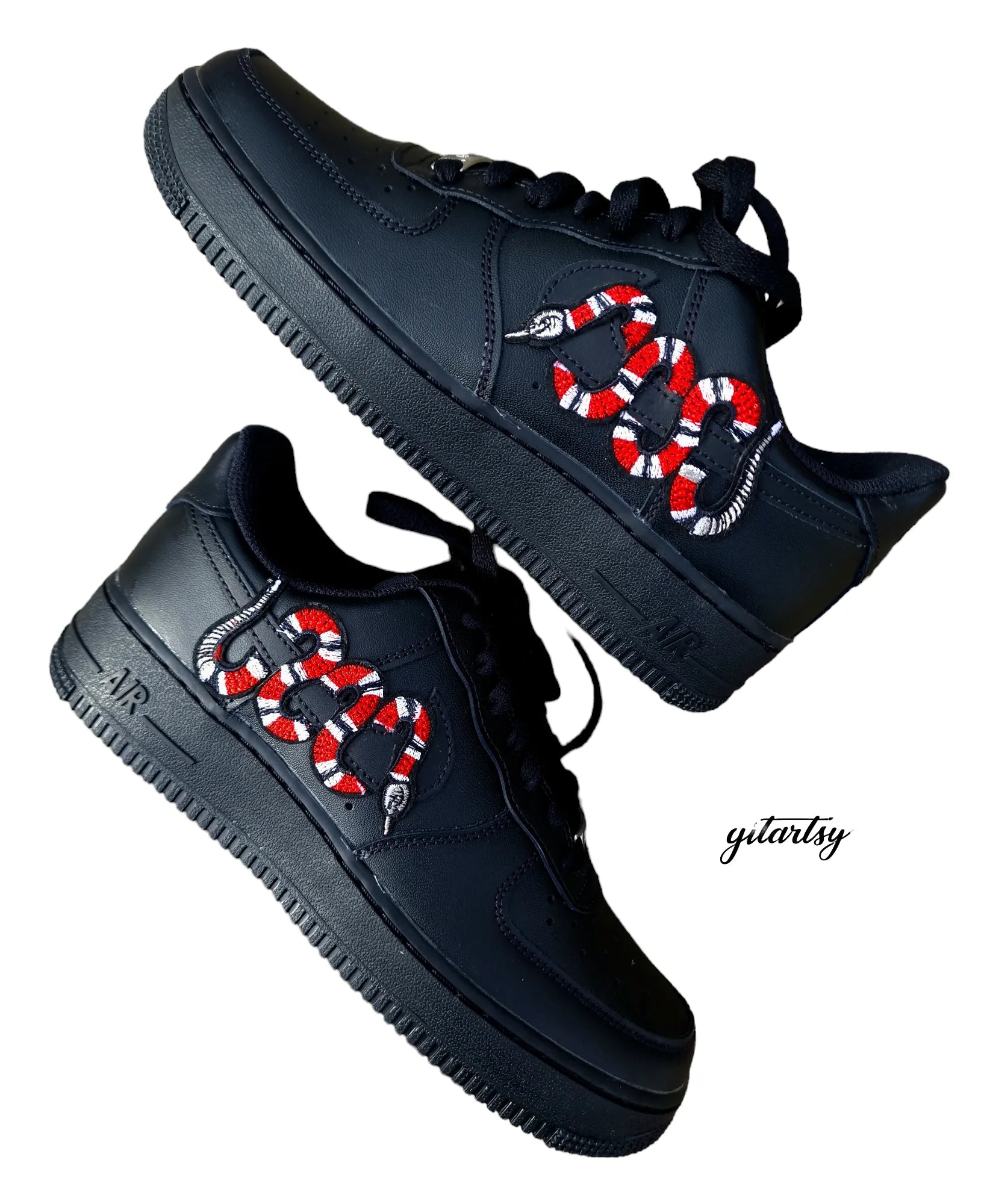 Custom Handmade black Air Force 1 with Gucci Snake design on the swooshes - zoomed in