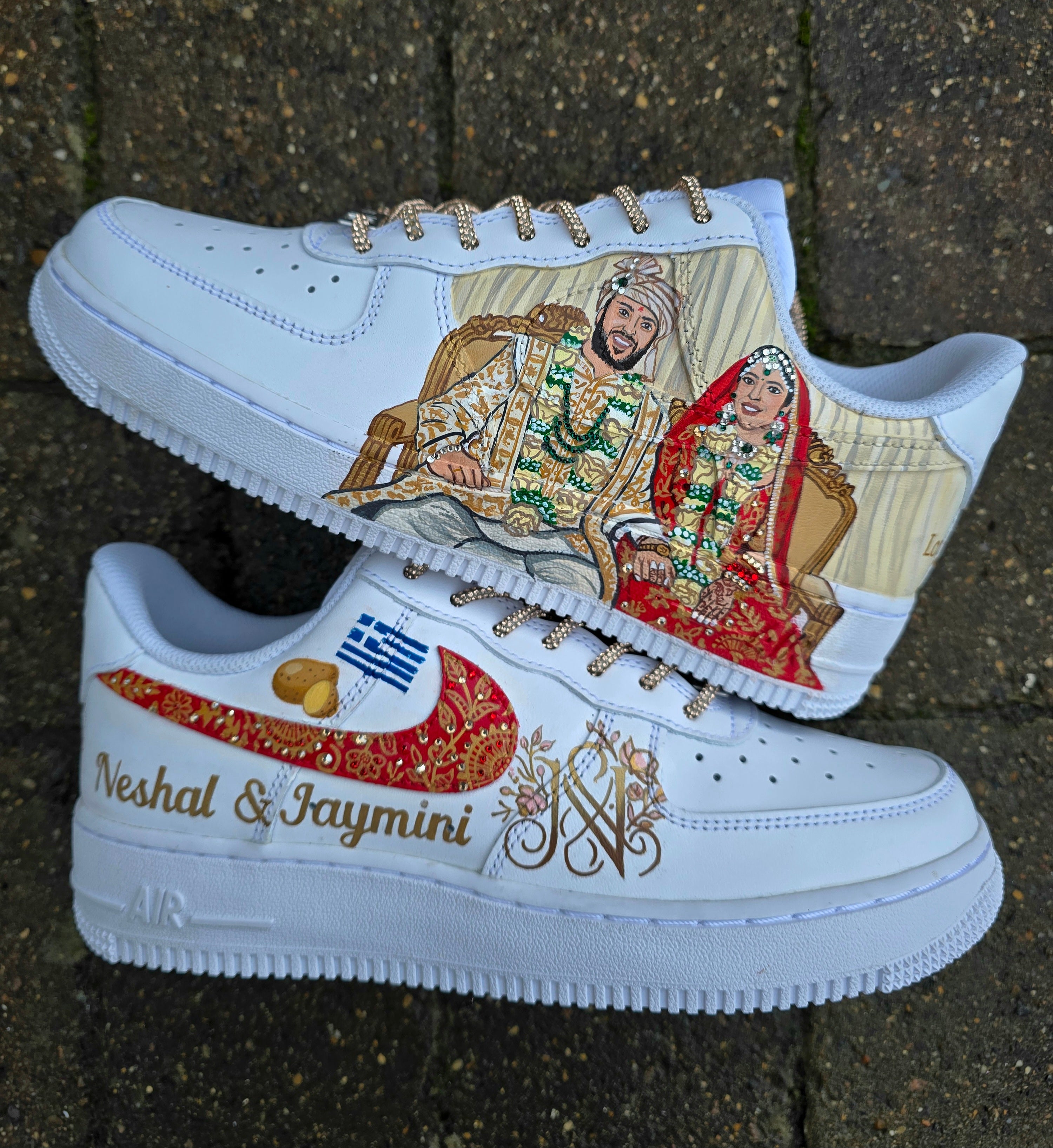Custom Indian Bridal Sneakers with Realistic Bride & Groom Portrait in traditional indian attire  – Personalized Wedding Shoes nike af1 with crystals and rhinestones 