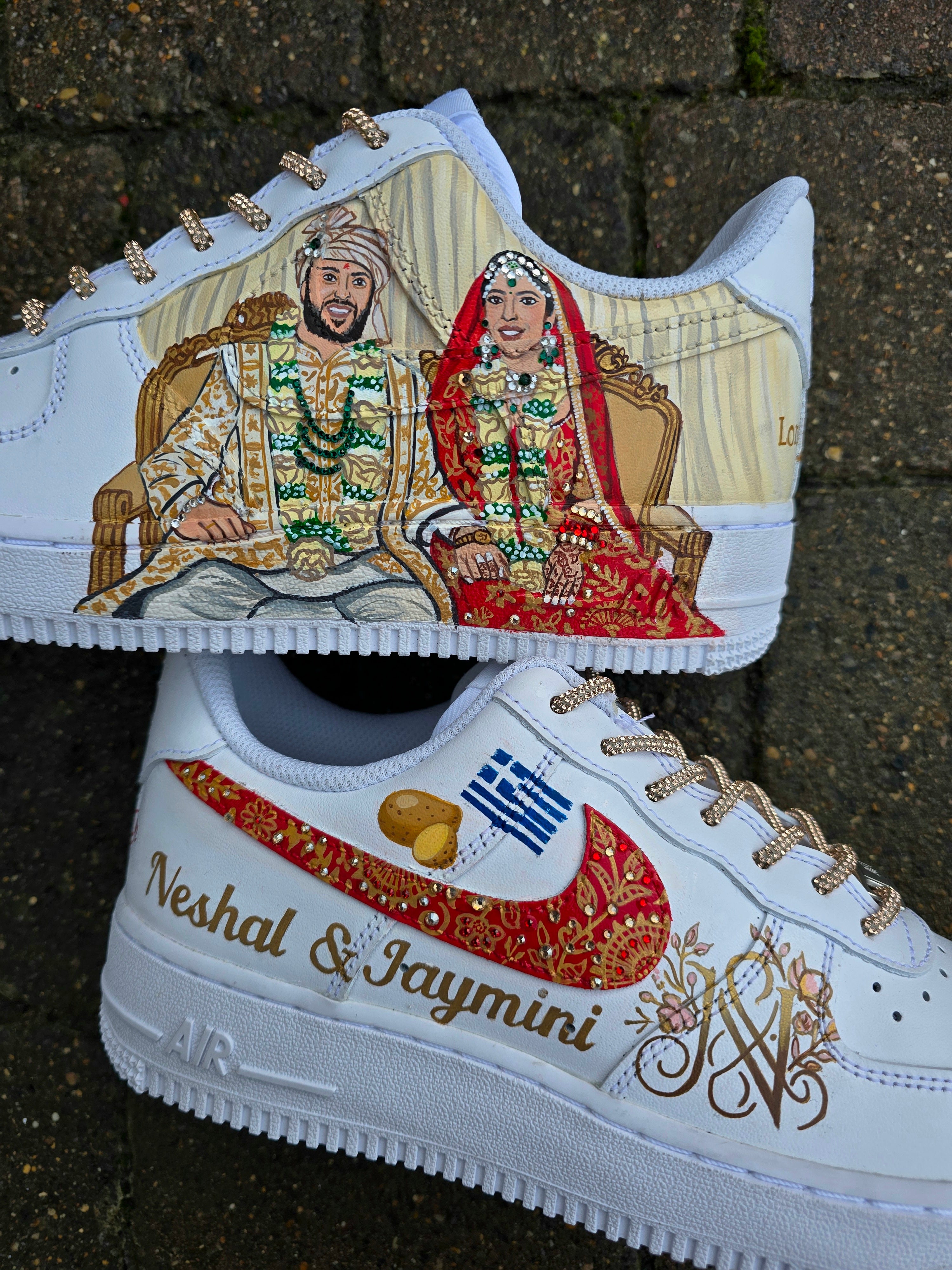 Custom Indian Bridal Sneakers with Realistic Bride & Groom Portrait in traditional indian attire  – Personalized Wedding Shoes nike af1 with crystals and rhinestones 