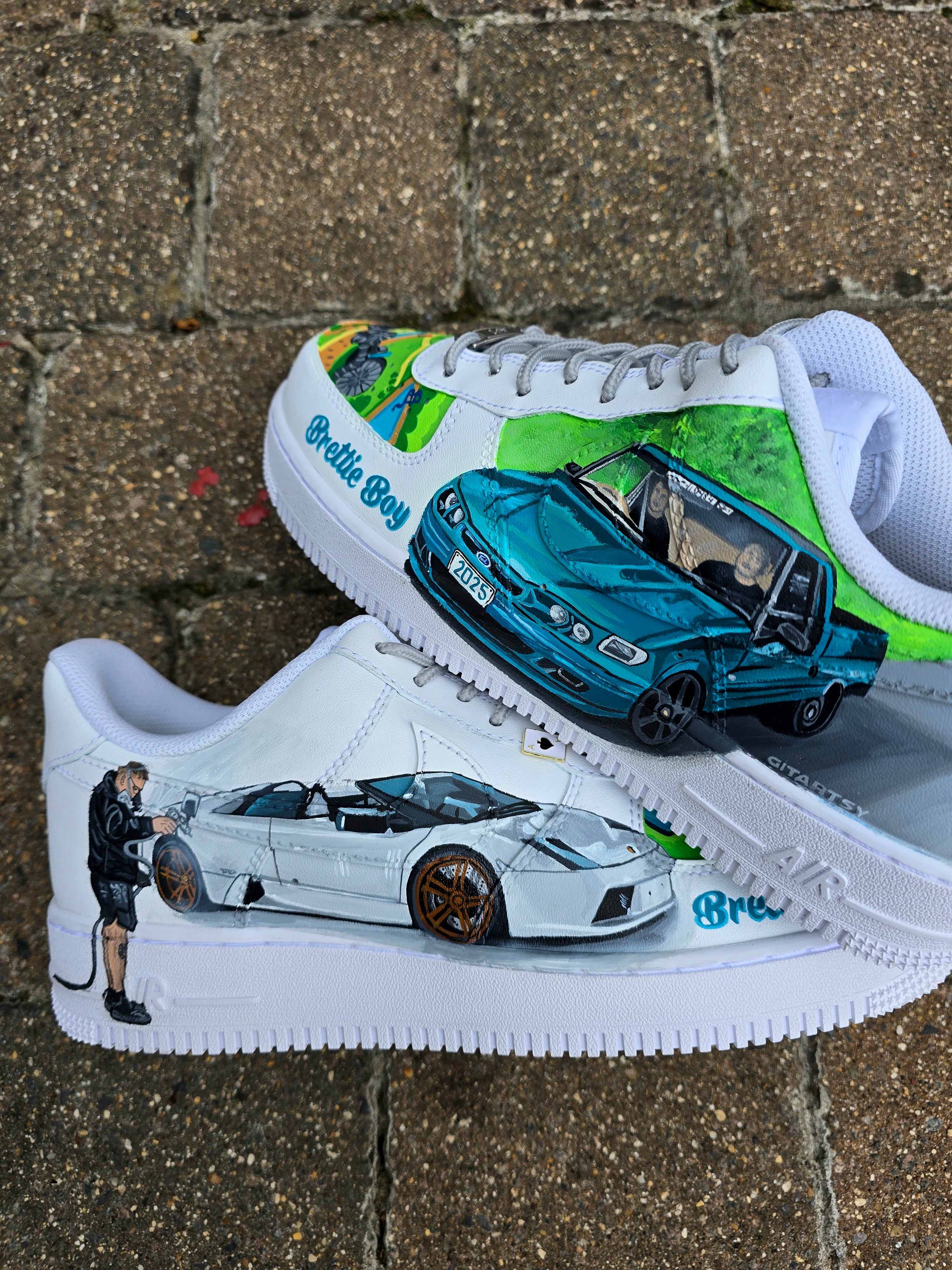 Custom hand-painted Nike Air Force 1 sneakers featuring a Lamborghini-inspired design 🏎️ and spray painter artwork 🎨. Created by Gitartsy using premium leather paints, sealed for durability, and fully customisable with personal details such as car models, colors, and text. Perfect for car enthusiasts 🚗, sneaker collectors 👟, and streetwear lovers seeking one-of-a-kind footwear.

