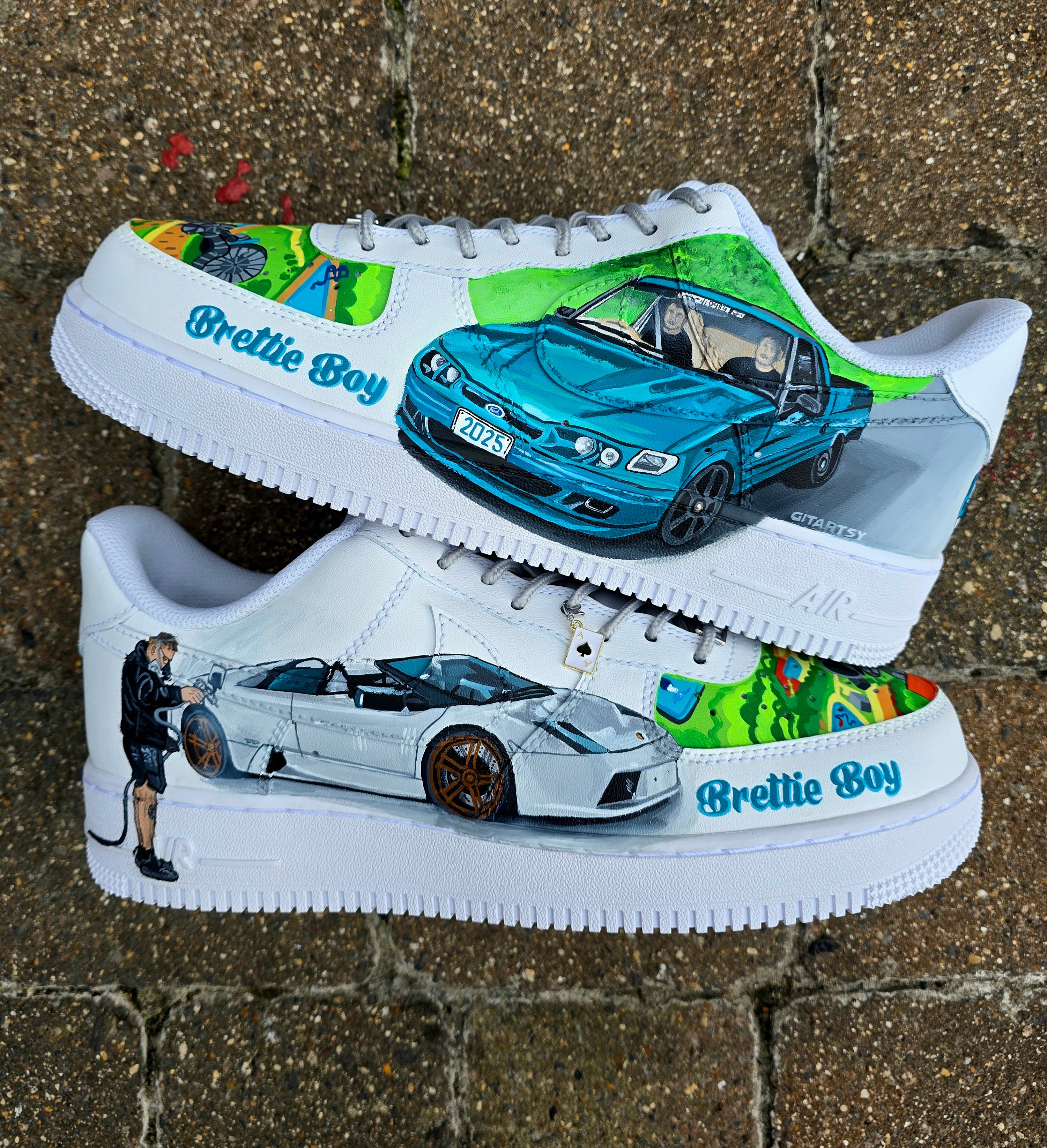 Custom hand-painted Nike Air Force 1 sneakers featuring a Lamborghini-inspired design 🏎️ and spray painter artwork 🎨. Created by Gitartsy using premium leather paints, sealed for durability, and fully customisable with personal details such as car models, colors, and text. Perfect for car enthusiasts 🚗, sneaker collectors 👟, and streetwear lovers seeking one-of-a-kind footwear.

