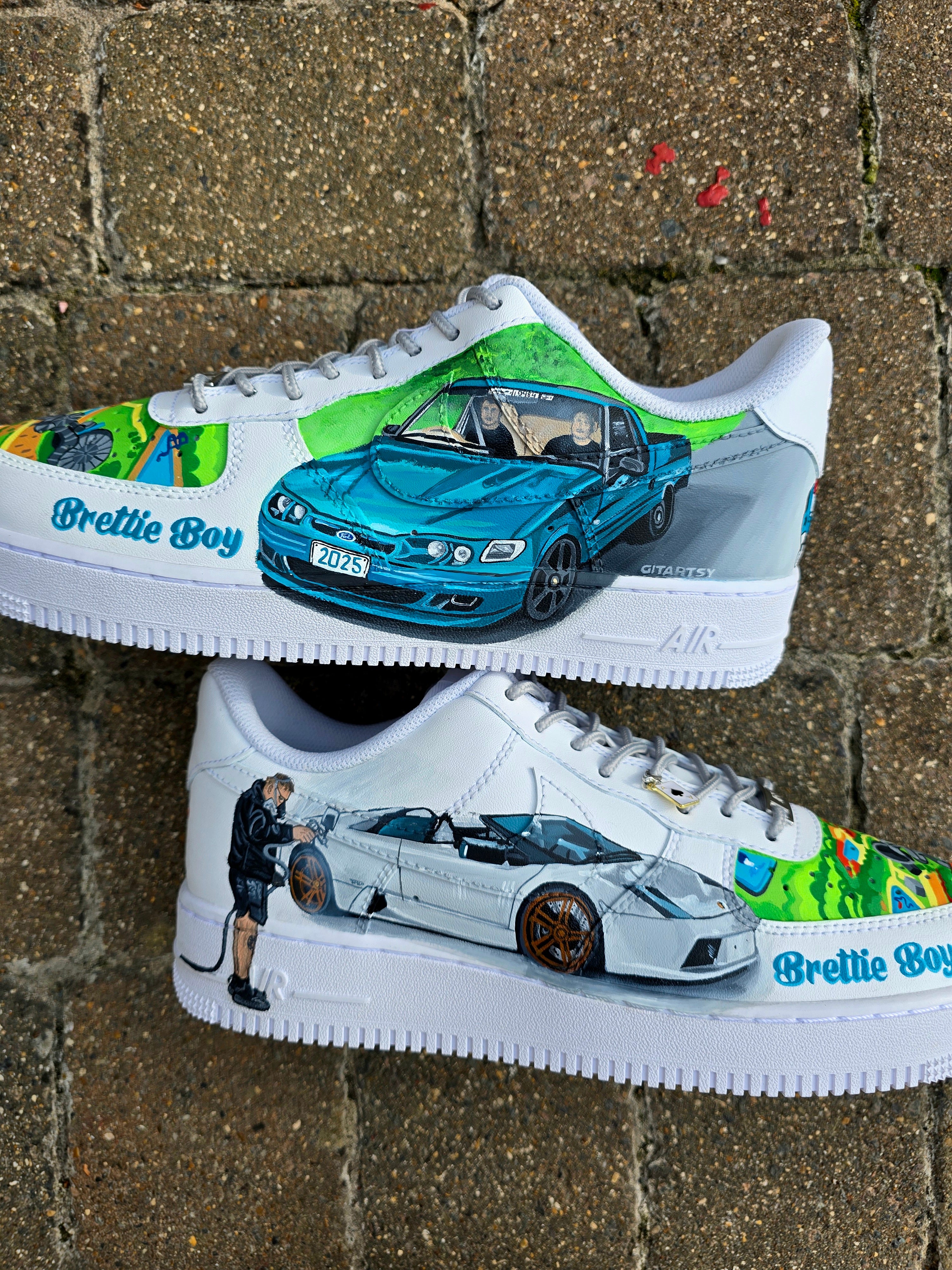 Custom hand-painted Nike Air Force 1 sneakers featuring a Lamborghini-inspired design 🏎️ and spray painter artwork 🎨. Created by Gitartsy using premium leather paints, sealed for durability, and fully customisable with personal details such as car models, colors, and text. Perfect for car enthusiasts 🚗, sneaker collectors 👟, and streetwear lovers seeking one-of-a-kind footwear.

