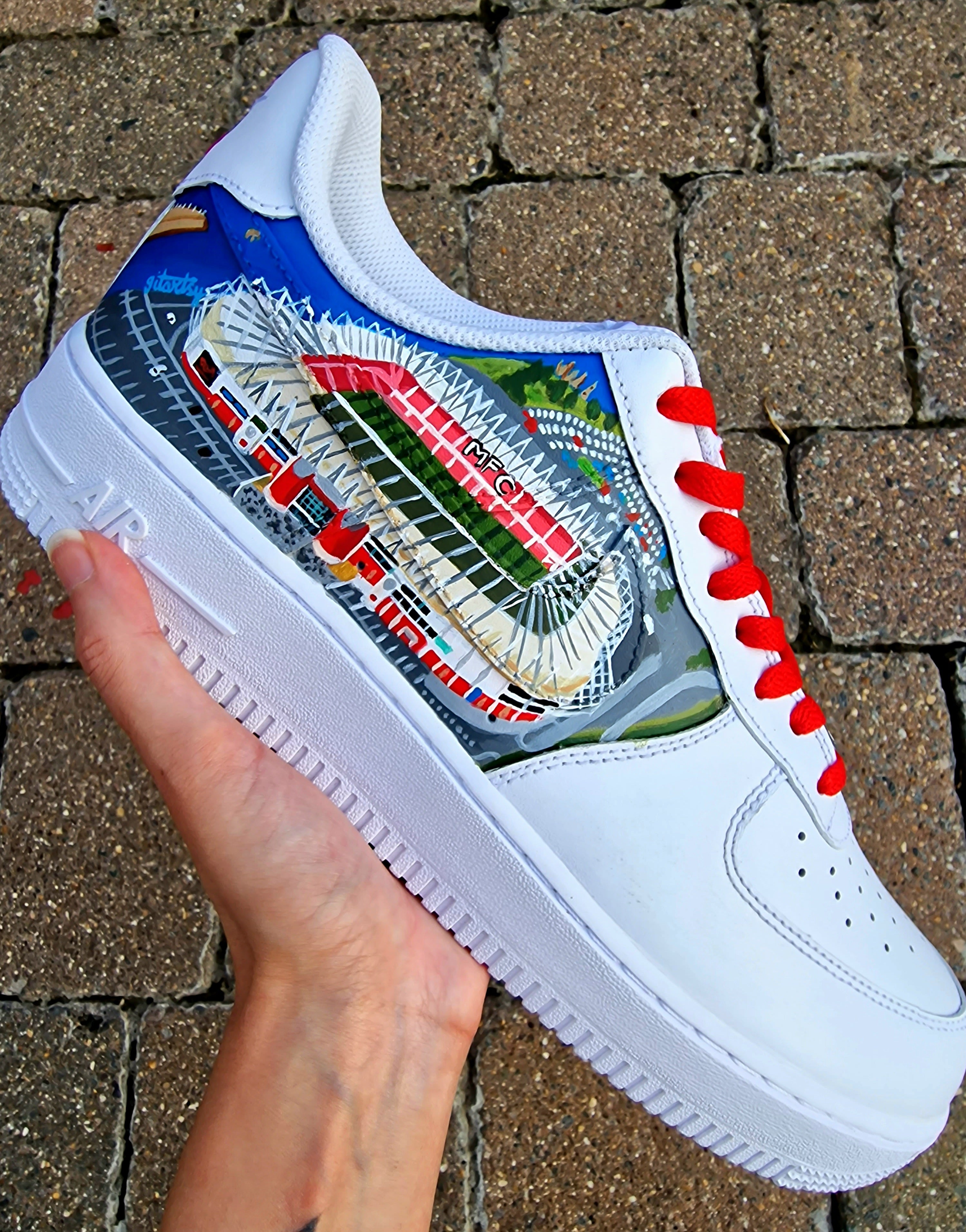Custom hand-painted sneakers featuring Middlesbrough FC crest, red-and-white checkered pattern with stud embellishments, and detailed Riverside Stadium artwork. White base sneakers with red laces, designed by Gitartsy for football fans, sneaker collectors, and Boro supporters.

