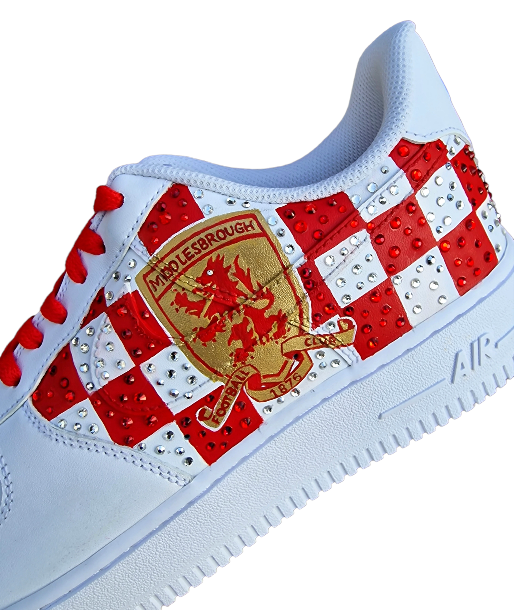 Custom hand-painted sneakers featuring Middlesbrough FC crest, red-and-white checkered pattern with stud embellishments, and detailed Riverside Stadium artwork. White base sneakers with red laces, designed by Gitartsy for football fans, sneaker collectors, and Boro supporters.

