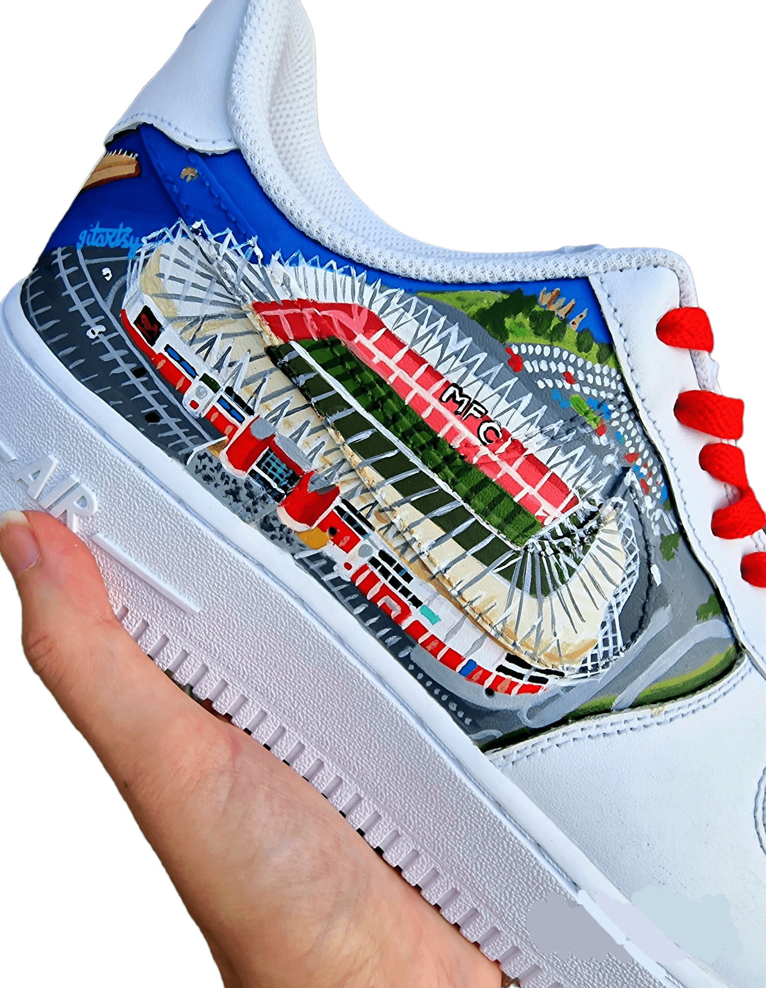Custom hand-painted sneakers featuring Middlesbrough FC crest, red-and-white checkered pattern with stud embellishments, and detailed Riverside Stadium artwork. White base sneakers with red laces, designed by Gitartsy for football fans, sneaker collectors, and Boro supporters.

