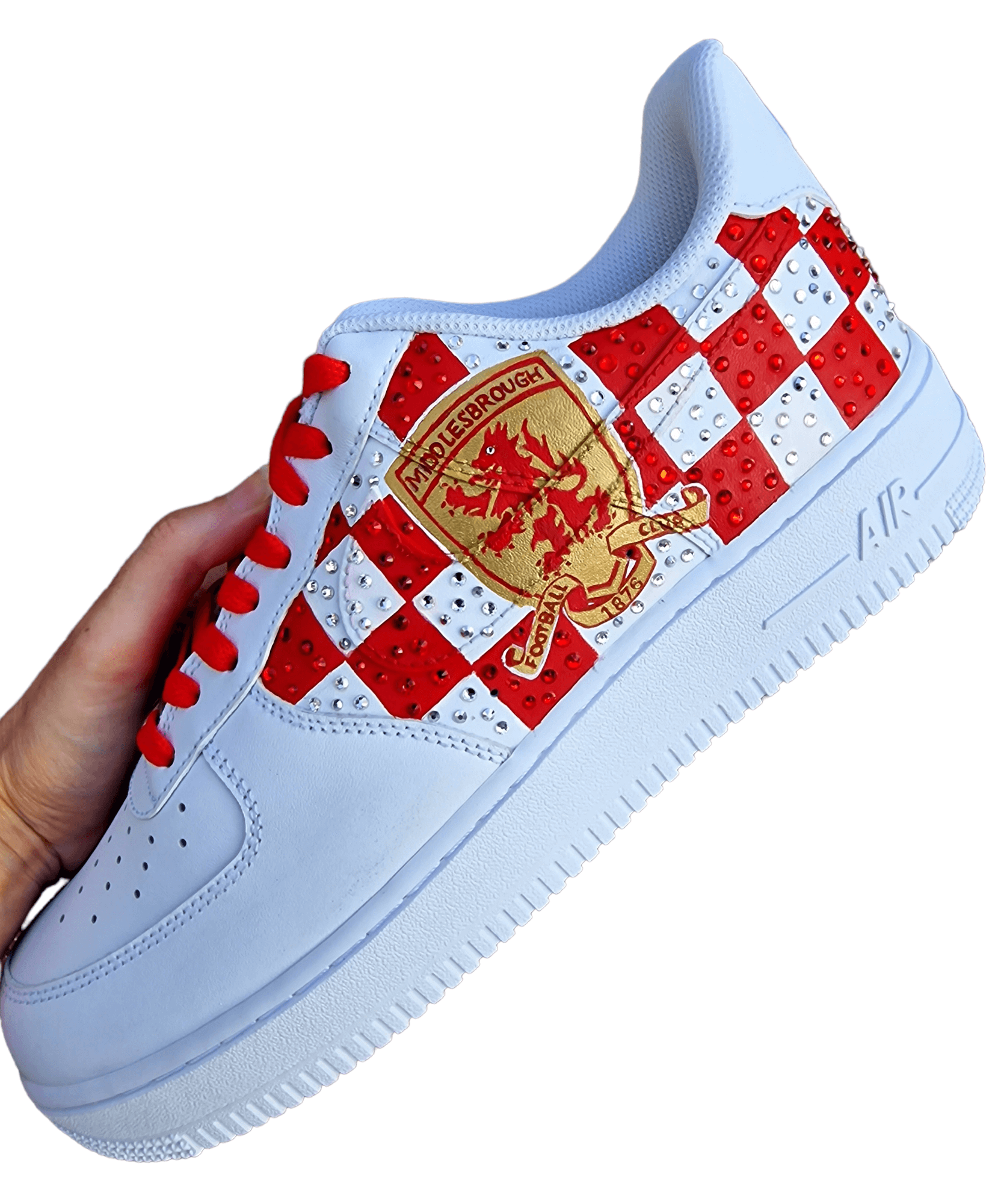 Custom hand-painted sneakers featuring Middlesbrough FC crest, red-and-white checkered pattern with stud embellishments, and detailed Riverside Stadium artwork. White base sneakers with red laces, designed by Gitartsy for football fans, sneaker collectors, and Boro supporters.

