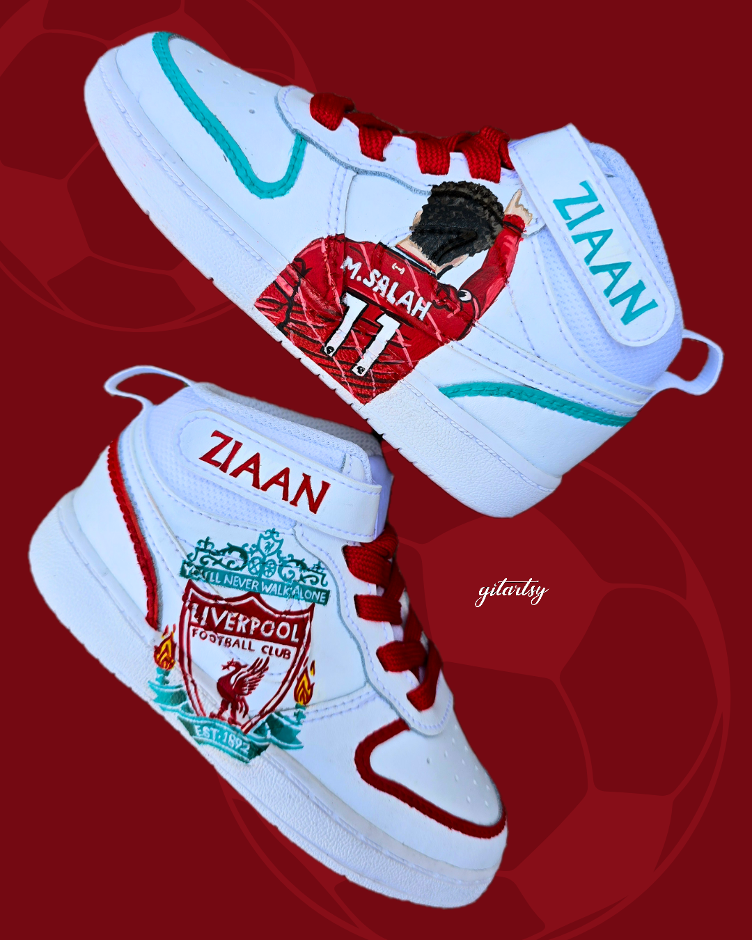 Hand-painted custom baby sneakers featuring a Liverpool FC theme with Mo Salah portrait and club crest. Personalized toddler shoes with red and teal accents, bright red laces, and your child’s name on the Velcro strap. Unique wearable artwork by Gitartsy.

