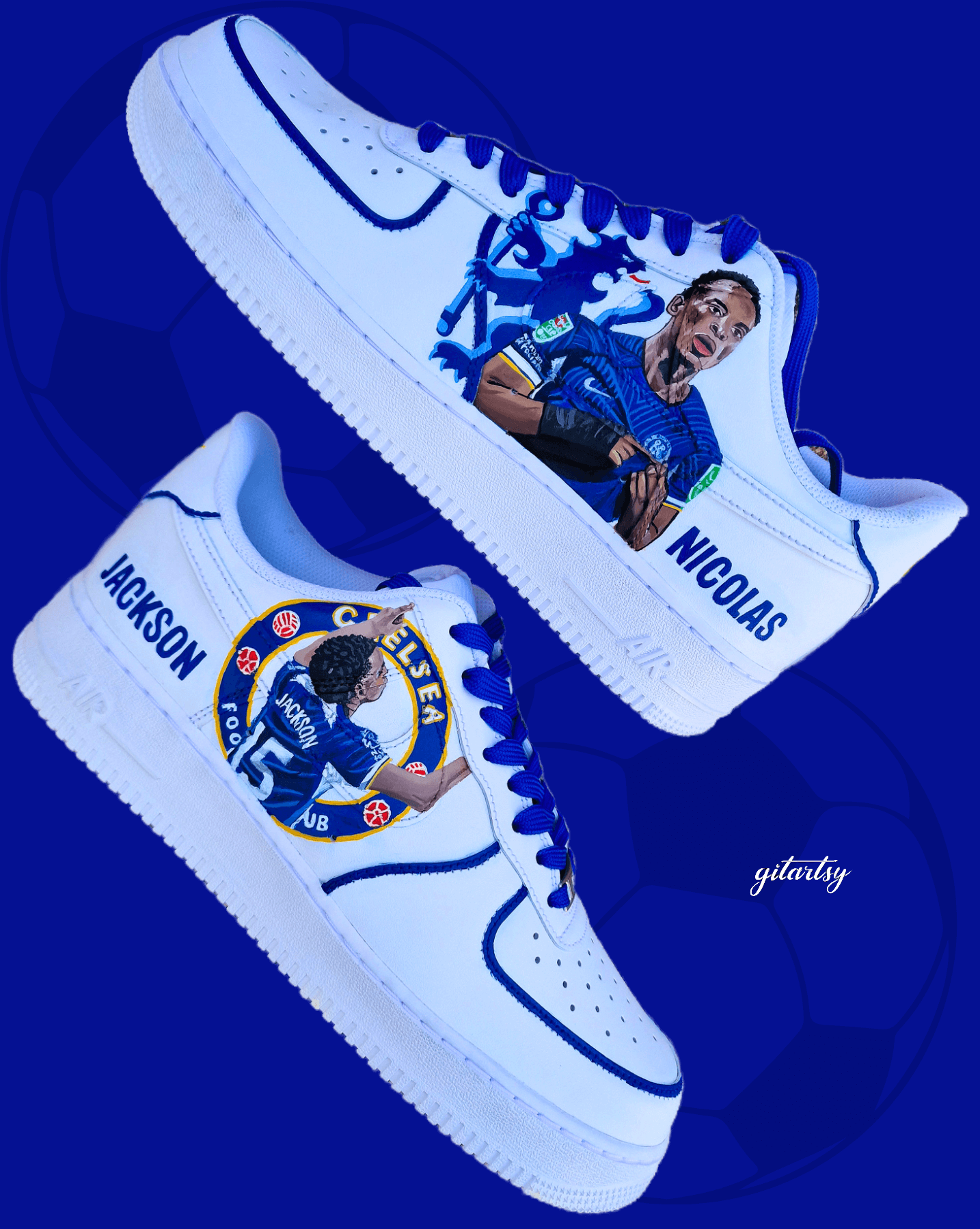 Custom hand-painted white sneakers featuring Chelsea FC’s Nicolas Jackson in vivid blue match kit, complete with the club badge and Senegal flag-inspired Nike swoosh. Designed by Gitartsy, the artwork includes realistic player portraits, fine detailing, and premium waterproof paint, making these shoes a perfect blend of fashion and football art.

