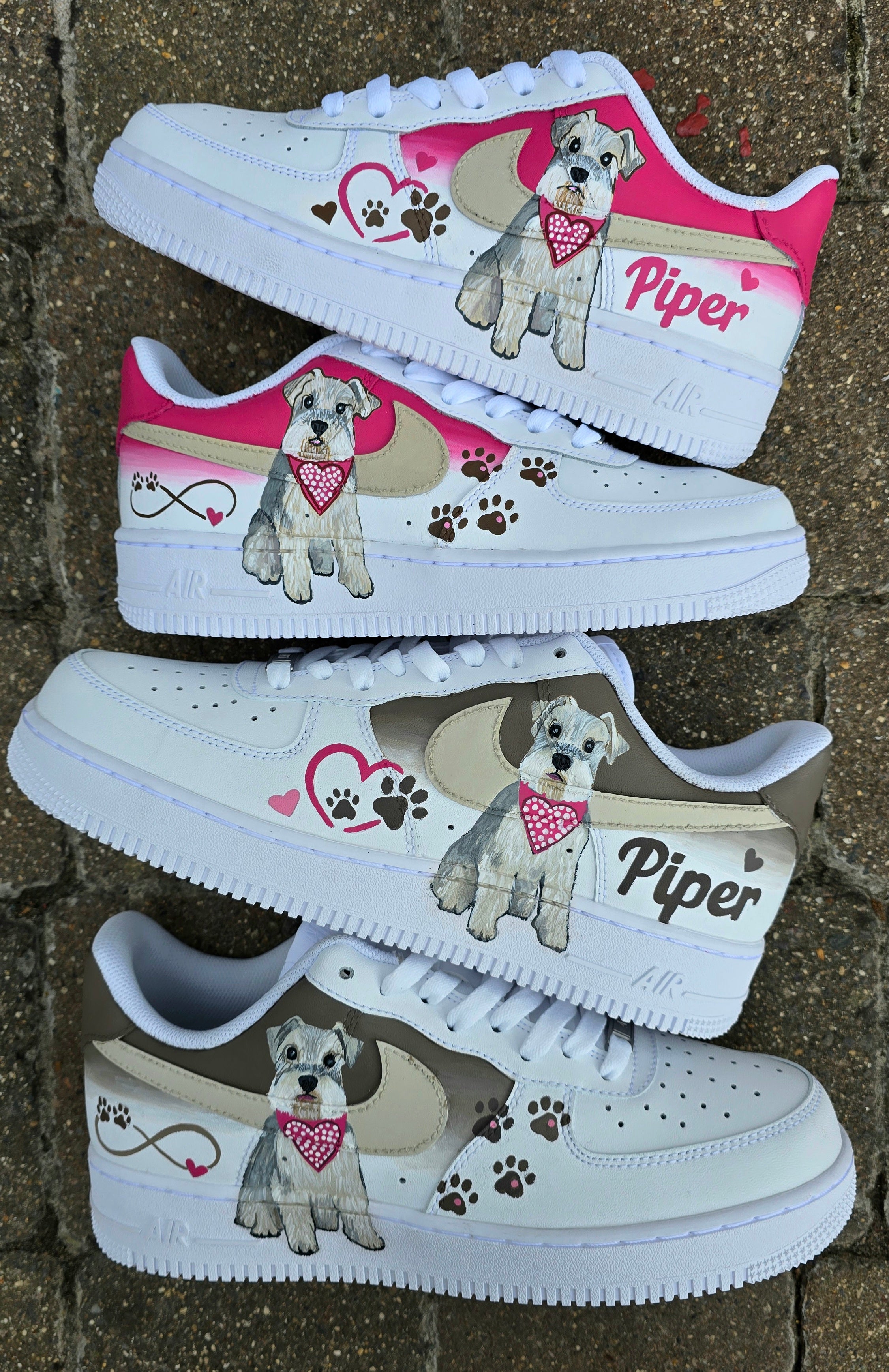 Hand-painted Nike Air Force 1 custom sneakers featuring a realistic pet portrait of “Piper” the dog 🐾, pink or taupe background, heart ❤️ and paw print accents, and personalised name detail, created by Gitartsy.

