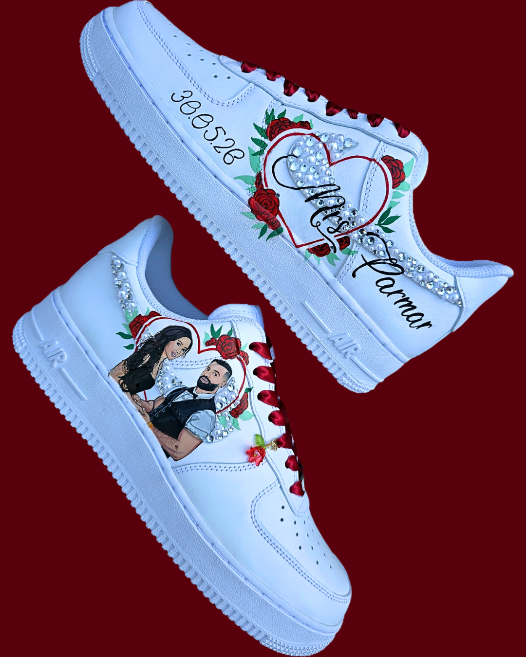 A pair of white custom Air Force 1-style sneakers shown on a dark red background. The shoes feature red roses, a heart outline with rhinestones, the words 'Miss Parma' in black script, the numbers '306526', and a printed photo of a couple on the side.