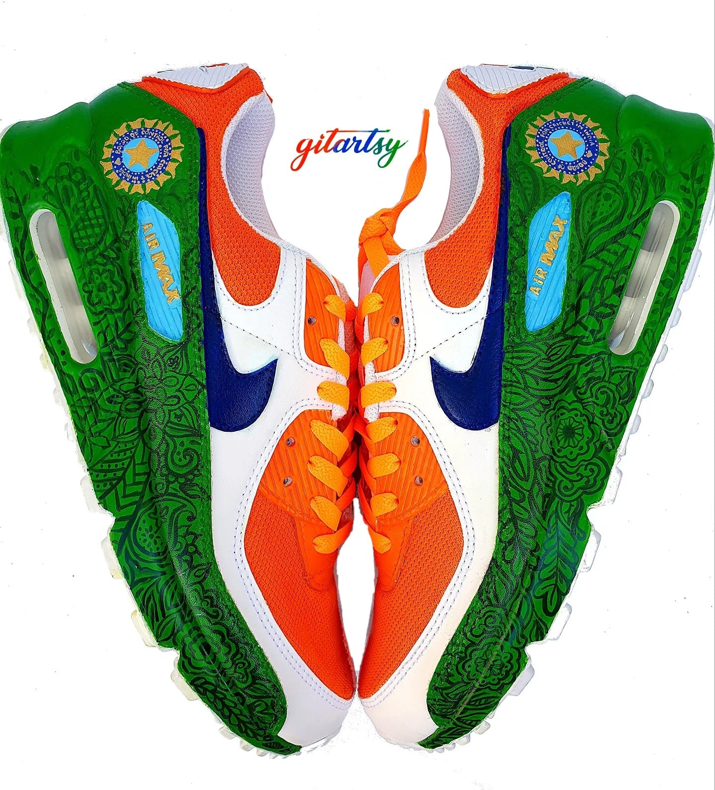 Custom Nike Air Max 90 – Team India Cricket Edition Hand-Painted Tricolour Sneakers