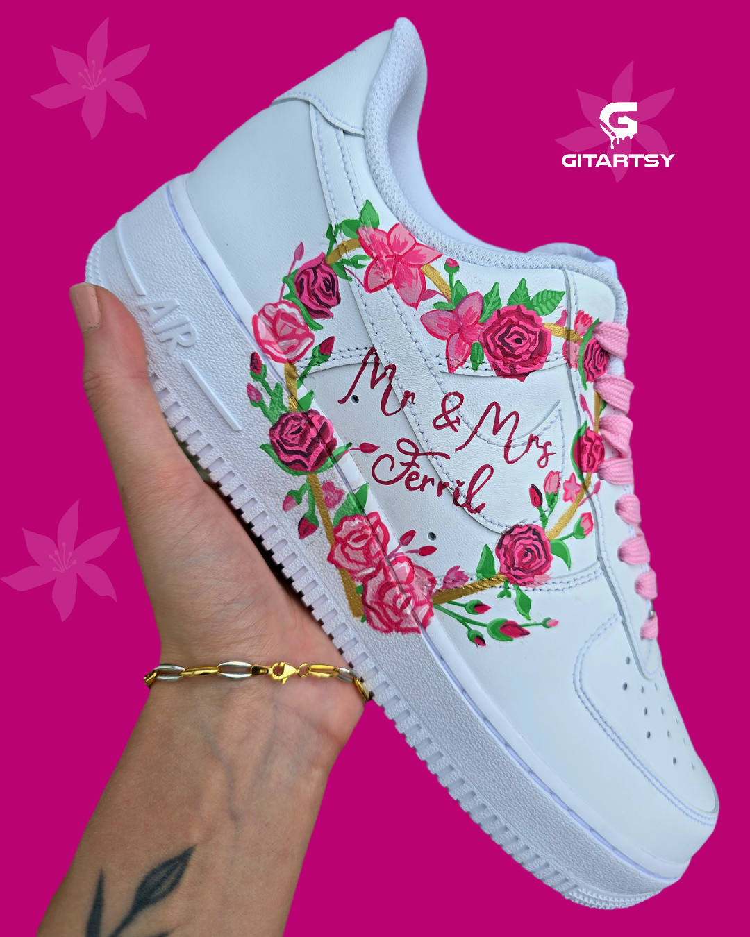 Hand-painted custom Nike Air Force 1 wedding sneakers featuring "Mr. & Mrs." text, pink floral artwork, optional bride and groom portrait, and romantic personalized detailing; ideal for weddings, anniversaries, and bridal events; white AF1 base with pink laces and custom florals.

