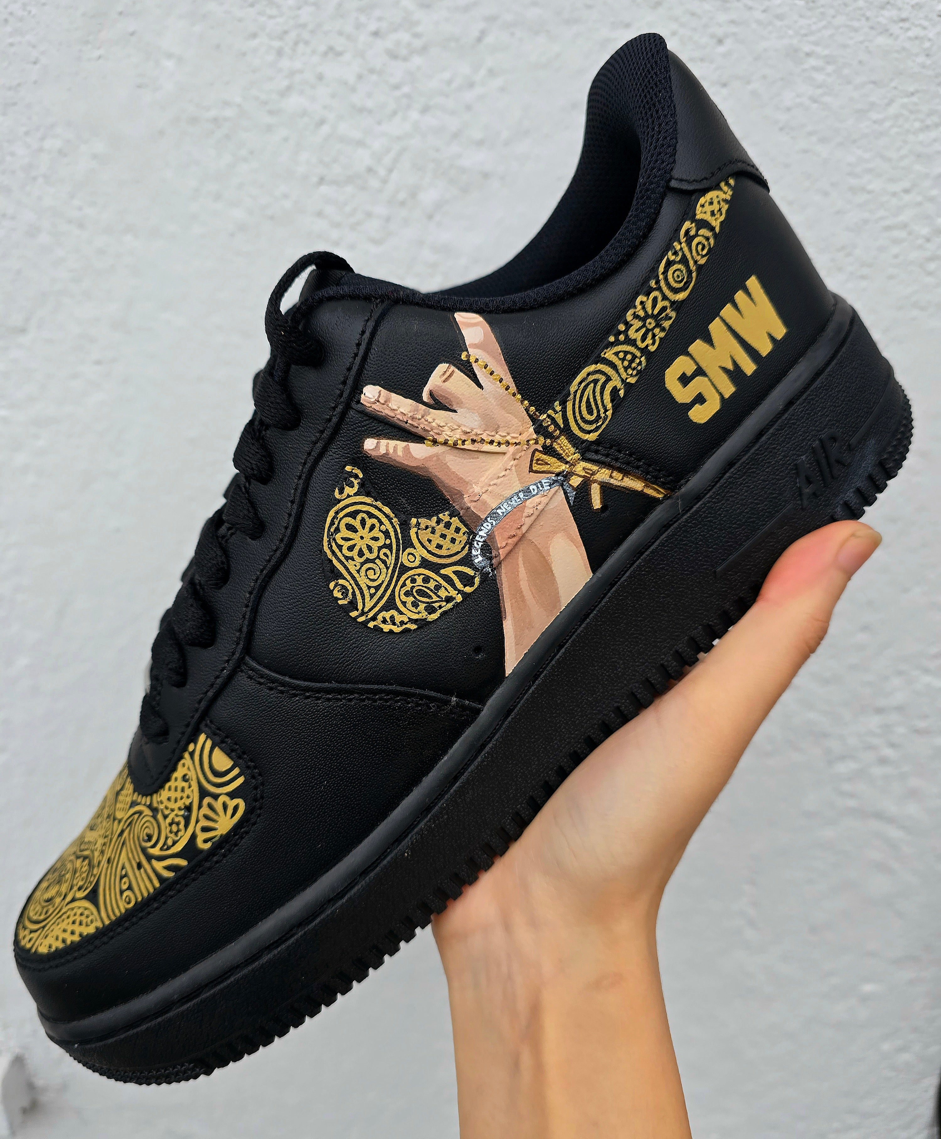 Custom Sidhu Moosewala Tribute Hand-Painted Nike Air Force – Black Gold Edition