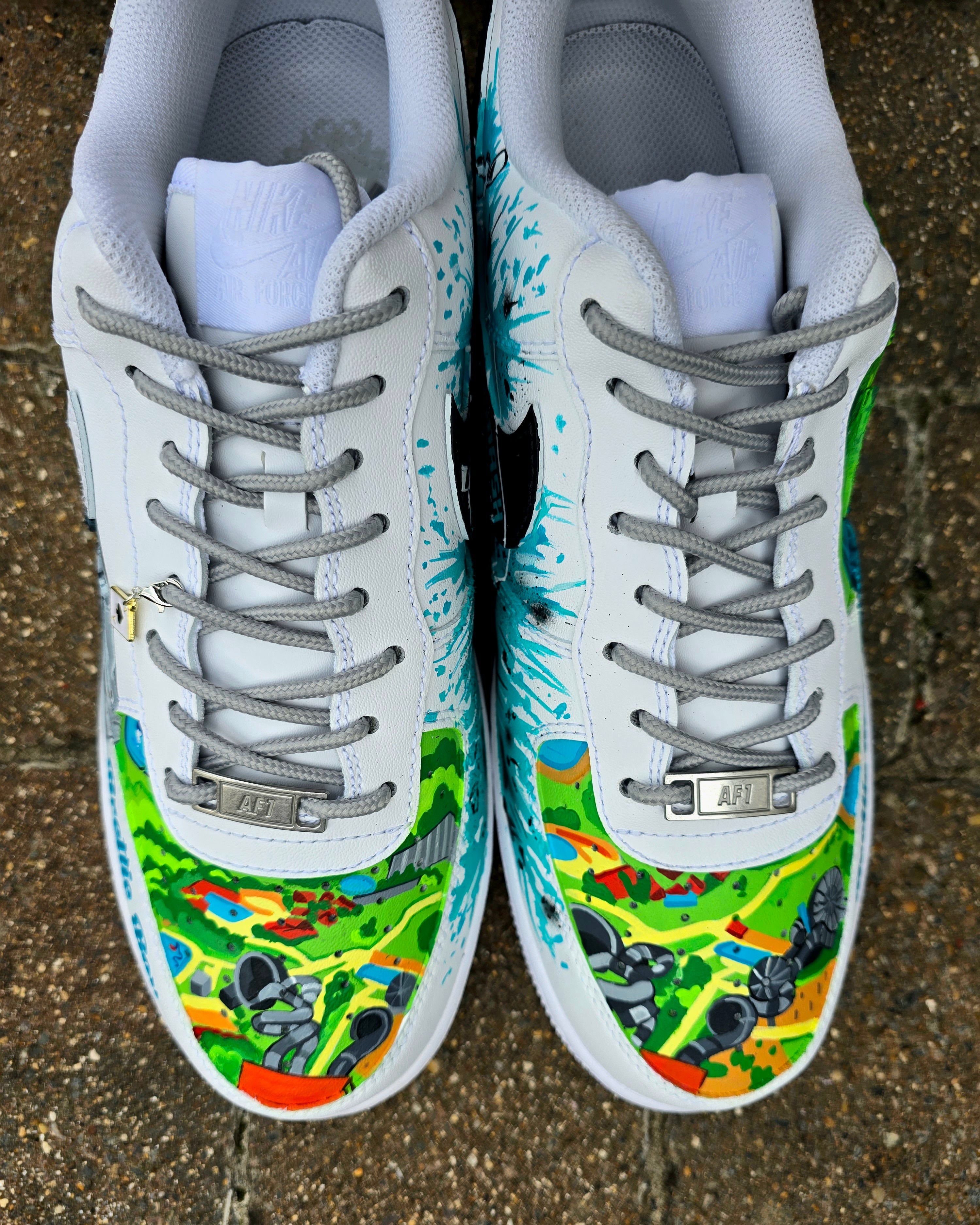 Custom hand-painted Nike Air Force 1 sneakers featuring a Lamborghini-inspired design 🏎️ and spray painter artwork 🎨. Created by Gitartsy using premium leather paints, sealed for durability, and fully customisable with personal details such as car models, colors, and text. Perfect for car enthusiasts 🚗, sneaker collectors 👟, and streetwear lovers seeking one-of-a-kind footwear.

