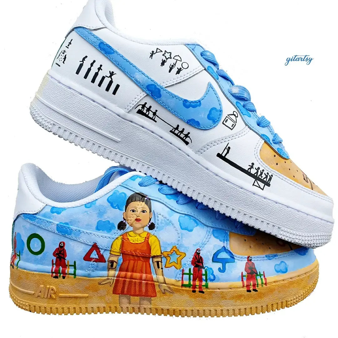 Netflix series Squid Game doll, guards and icons painted on Nike AF1 sneakers with detailed blue sky background - zoomed in view