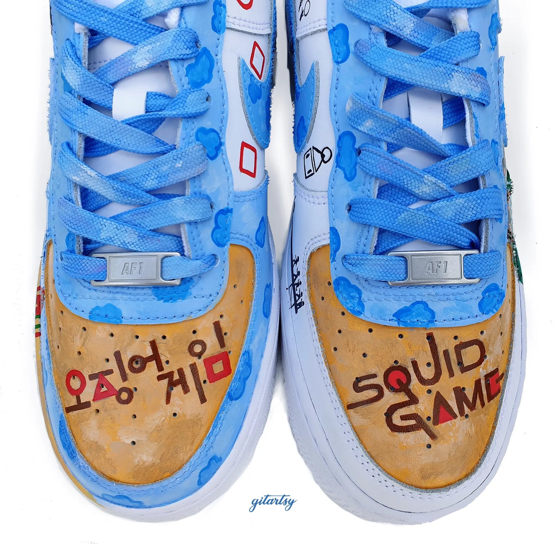Netflix series Squid Game doll, guards and icons painted on Nike AF1 sneakers with detailed blue sky background - zoomed in view
