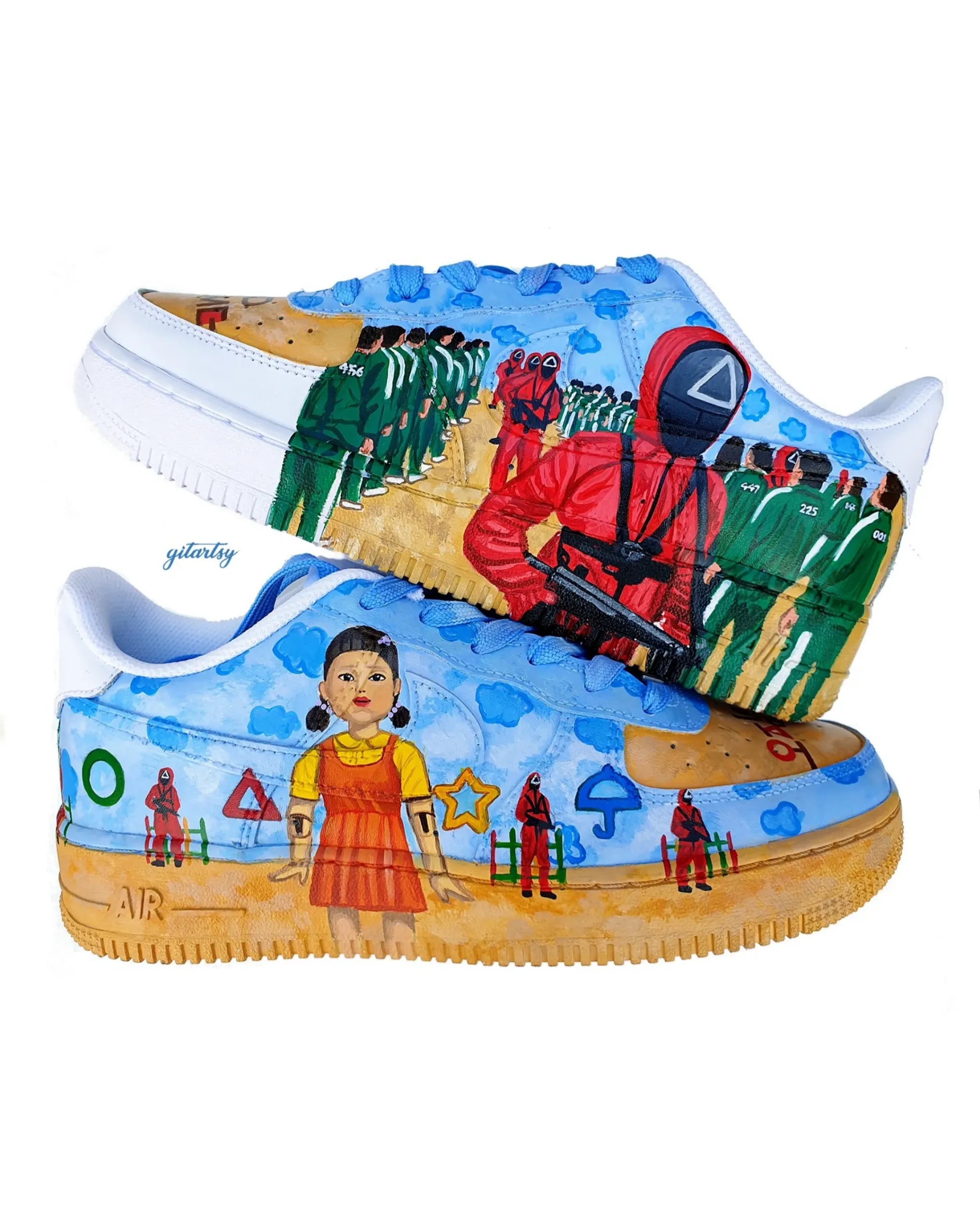 Netflix series Squid Game doll, guards and icons painted on Nike AF1 sneakers with detailed blue sky background - zoomed in view