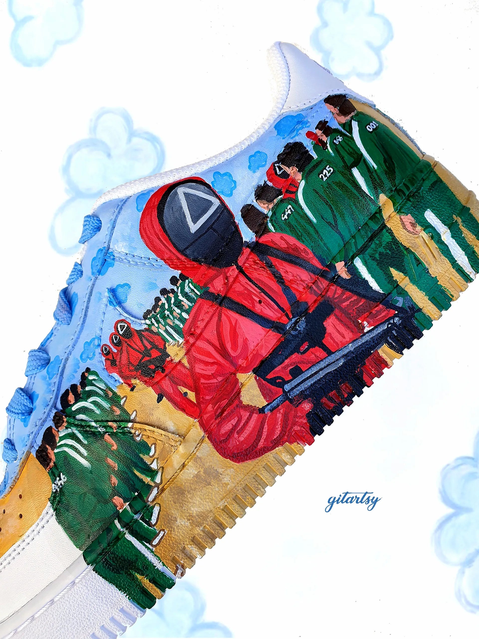 Netflix series Squid Game doll, guards and icons painted on Nike AF1 sneakers with detailed blue sky background - zoomed in view