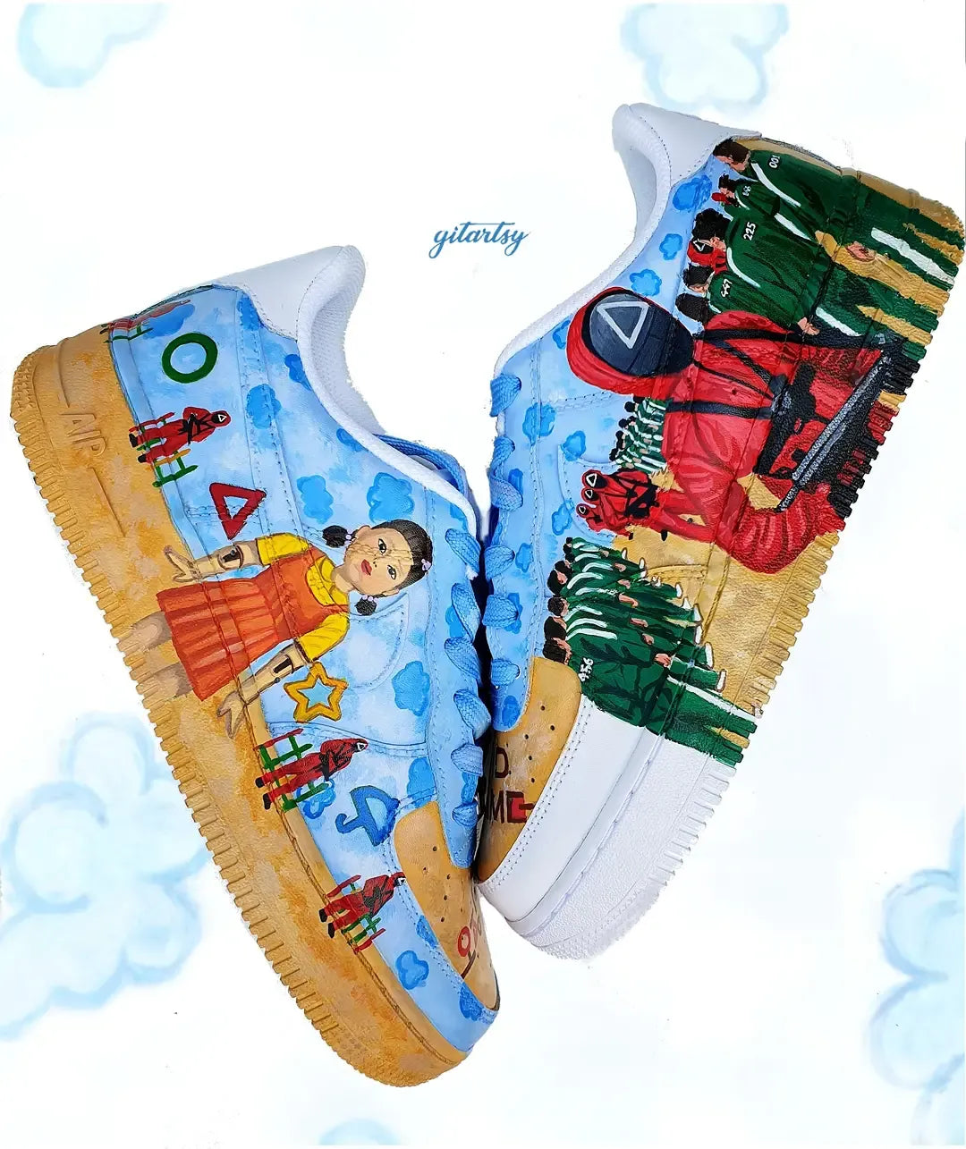 Netflix series Squid Game doll, guards and icons painted on Nike AF1 sneakers with detailed blue sky background - zoomed in view
