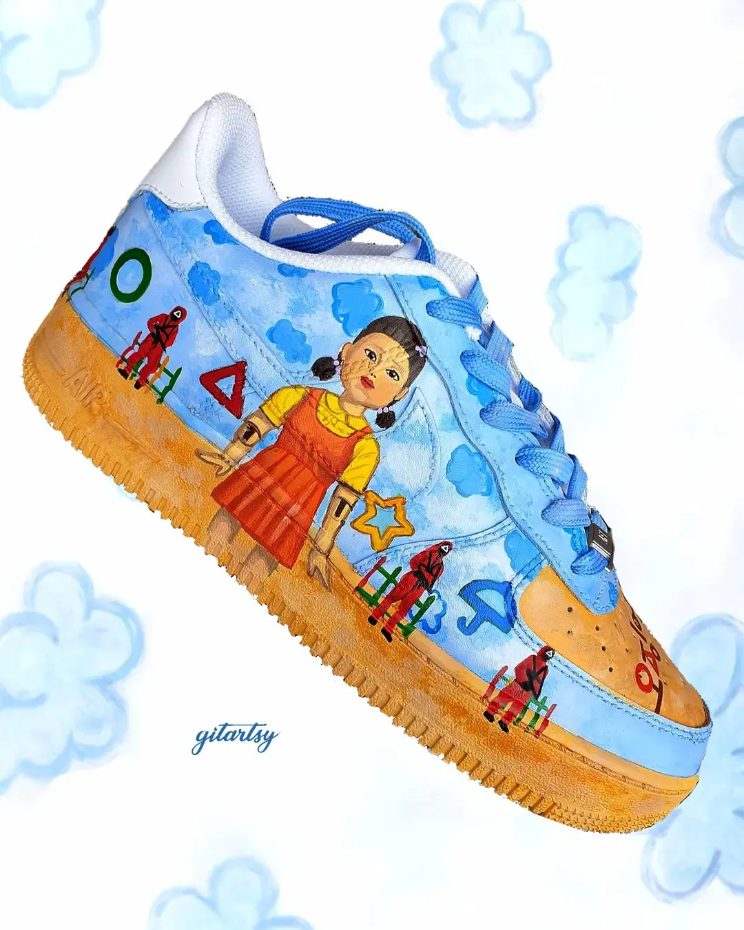 Netflix series Squid Game doll, guards and icons painted on Nike AF1 sneakers with detailed blue sky background - zoomed in view